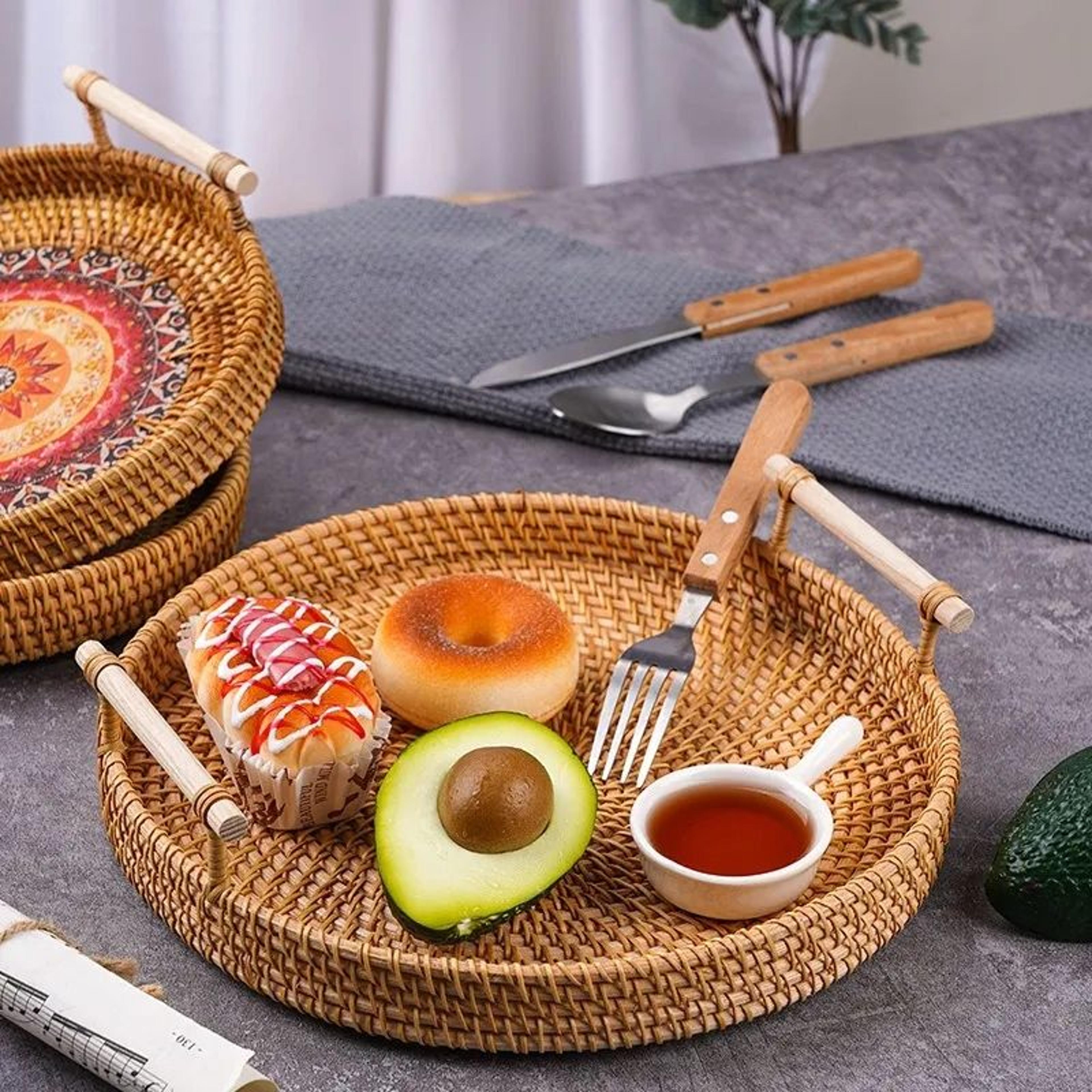 Round Rattan Serving Tray With Handles Handwoven Decorative Bread And Fruit Basket 2