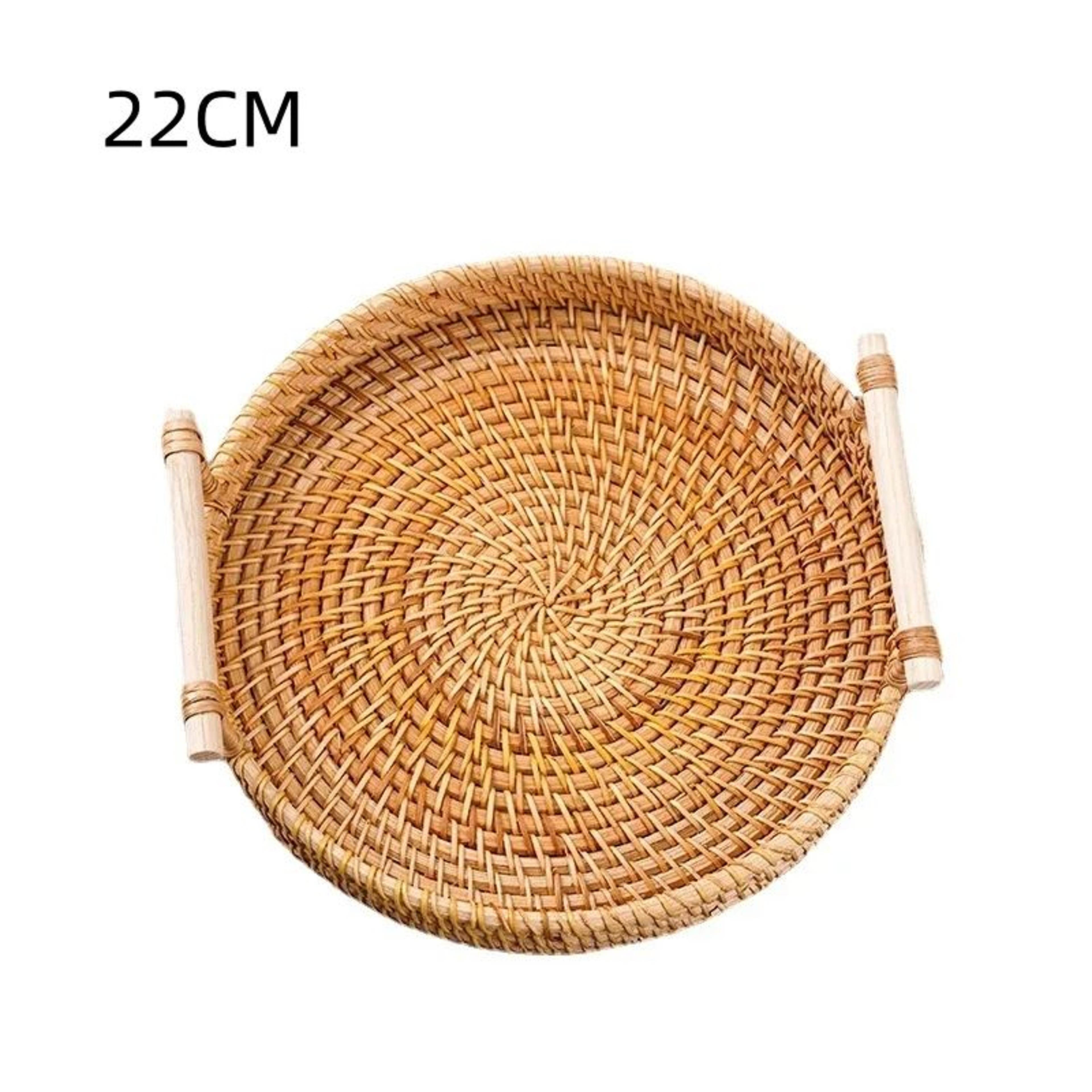 Round Rattan Serving Tray With Handles Handwoven Decorative Bread And Fruit Basket 6