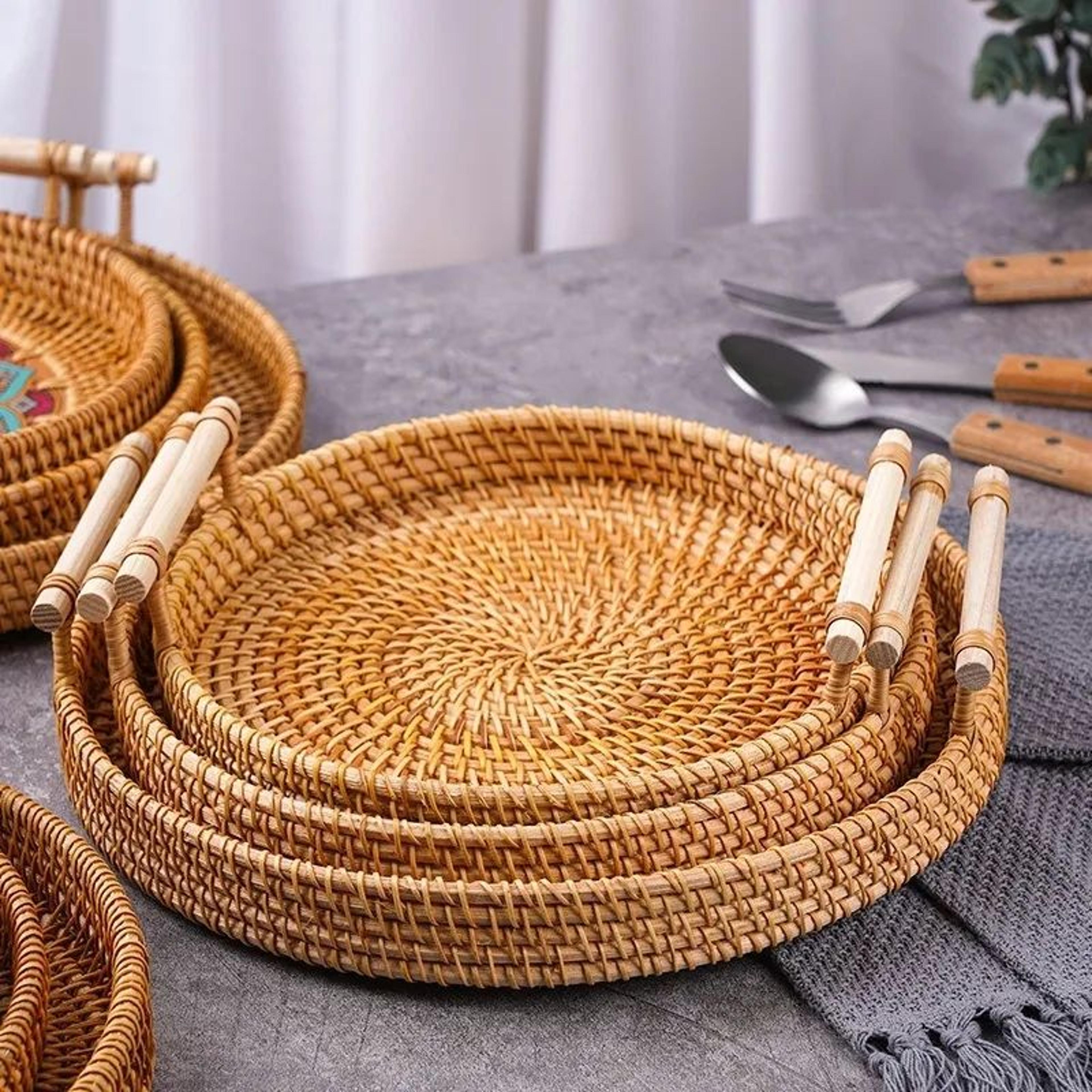 round rattan serving tray with handles handwoven decorative bread and fruit basket