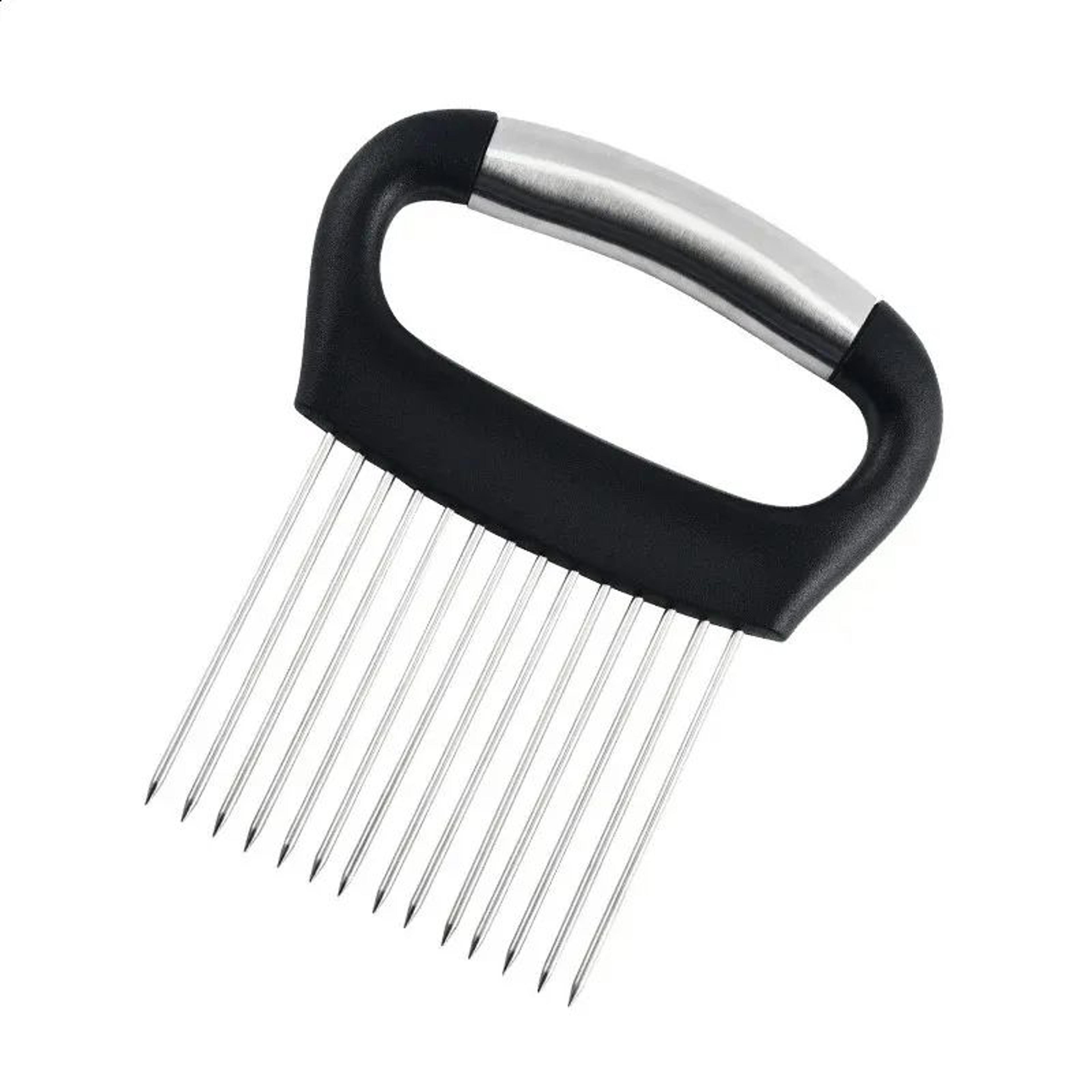 stainless steel onion cutter holder with vegetable slicing guide for kitchen prep