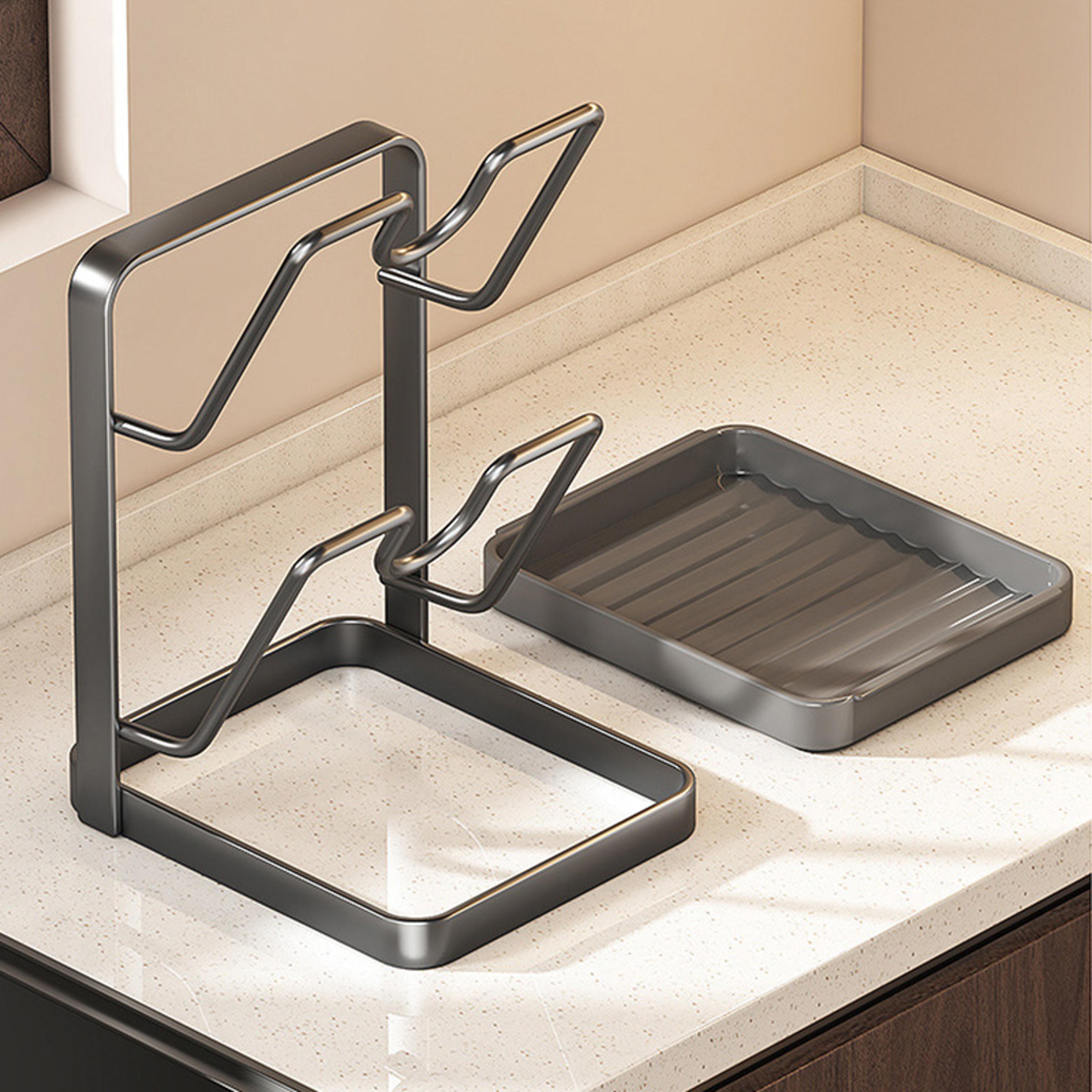 No Drill Pot Lid Rack With Drainage Tray For Kitchen Countertop Storage 2