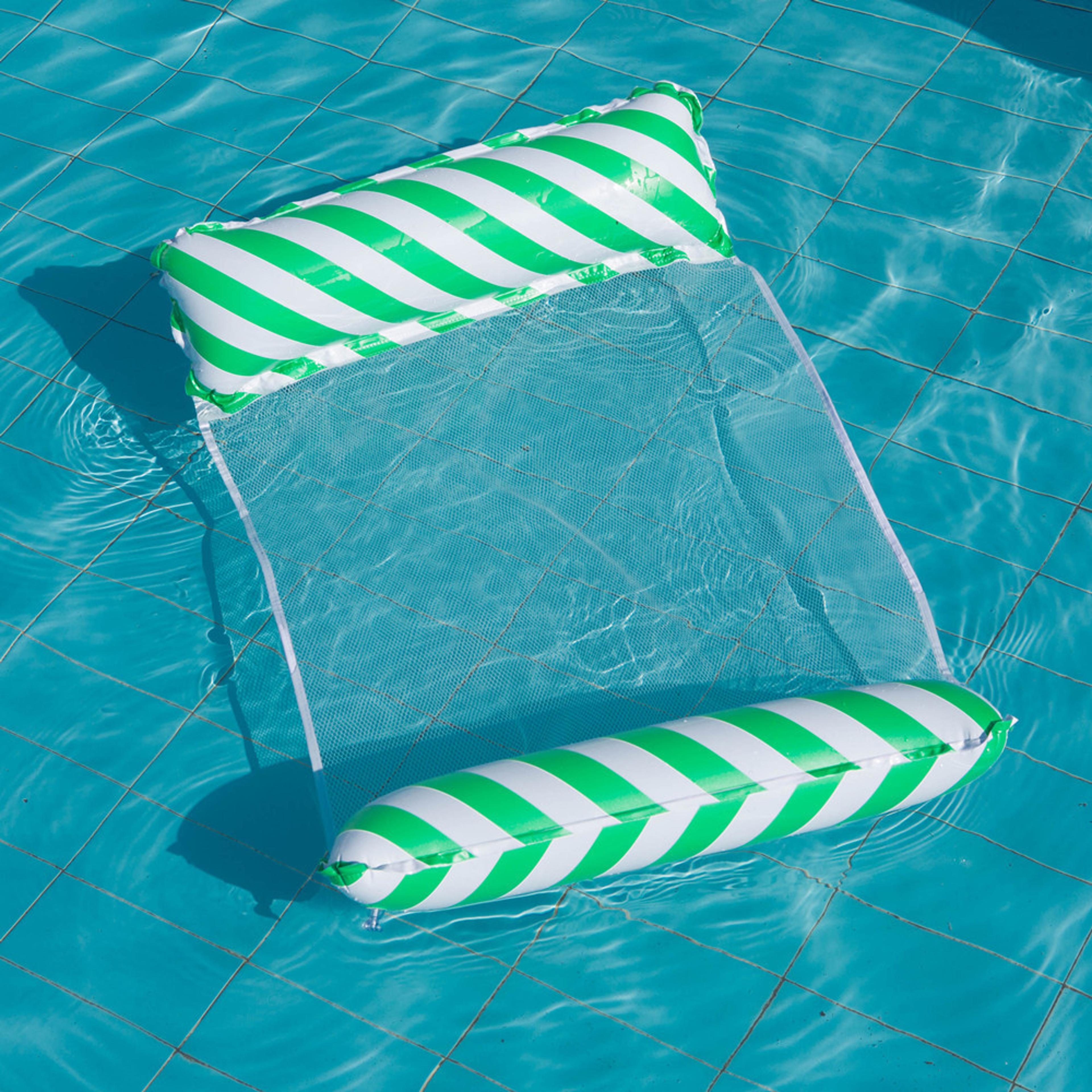 Foldable Striped Inflatable Pool Lounger With Mesh Backrest For Beach And Pool Relaxing 6