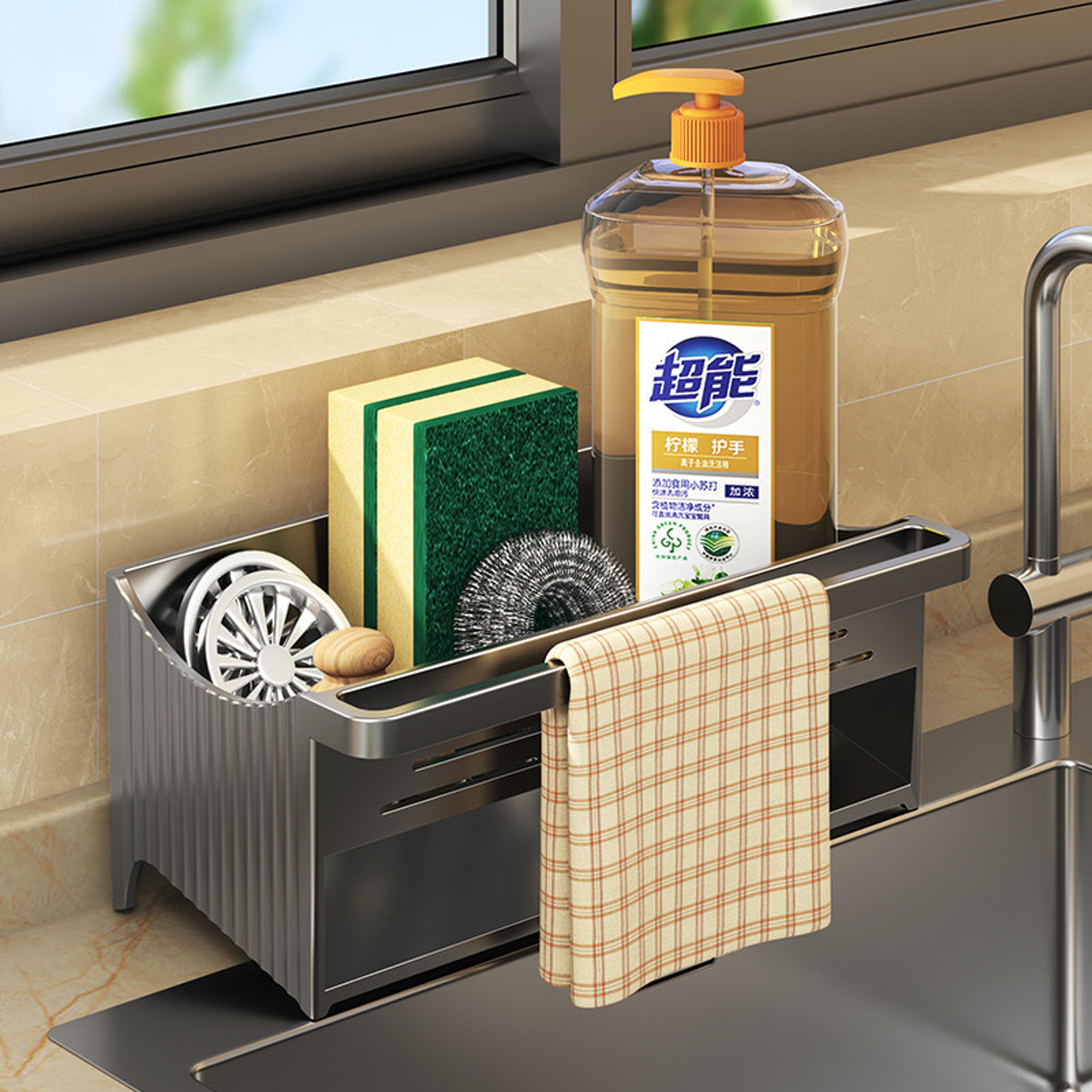 Self Draining Sink Caddy With Soap Sponge Holder And Towel Rack 0