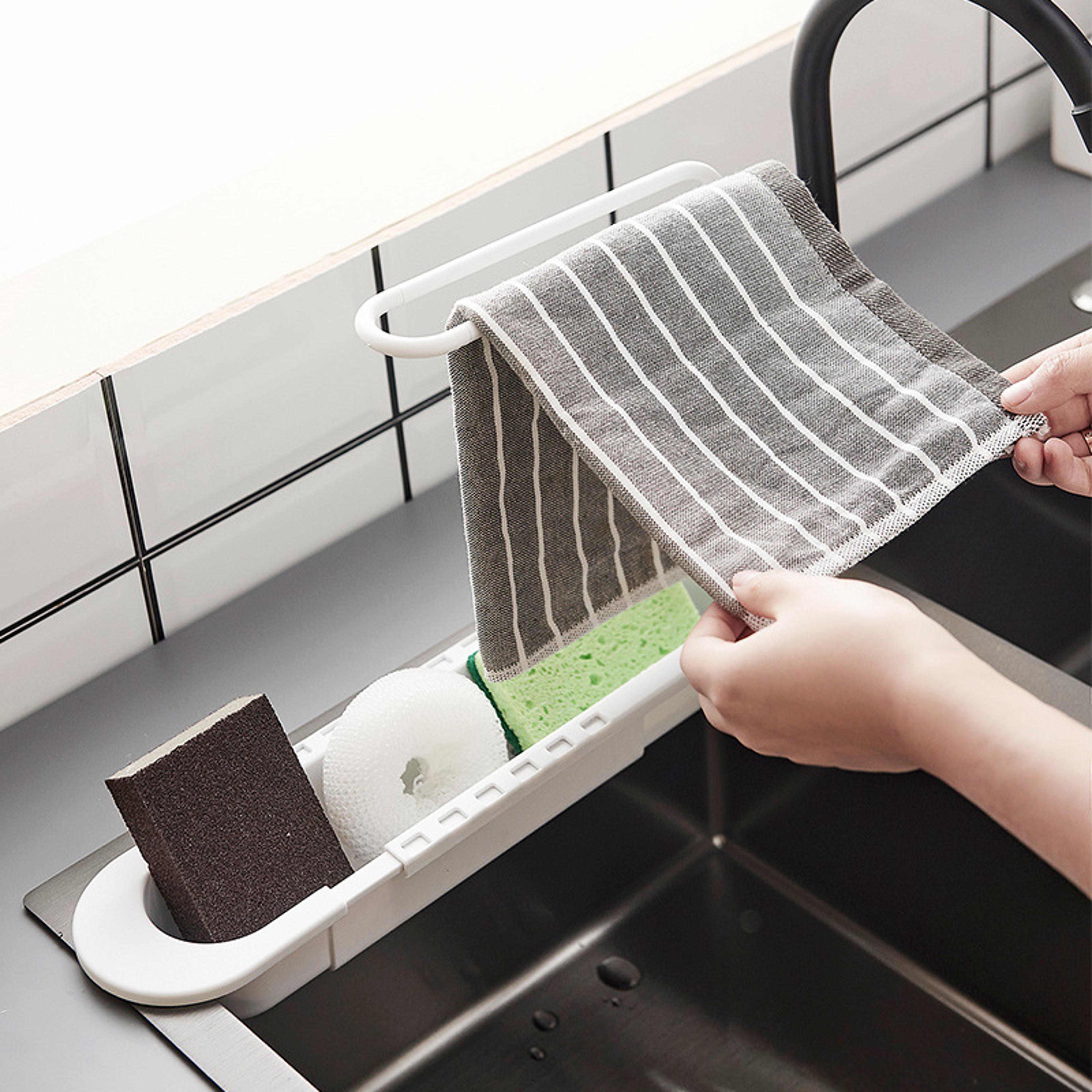 Adjustable Telescopic Sink Organizer Rack With Sponge Holder And Drain Basket 1