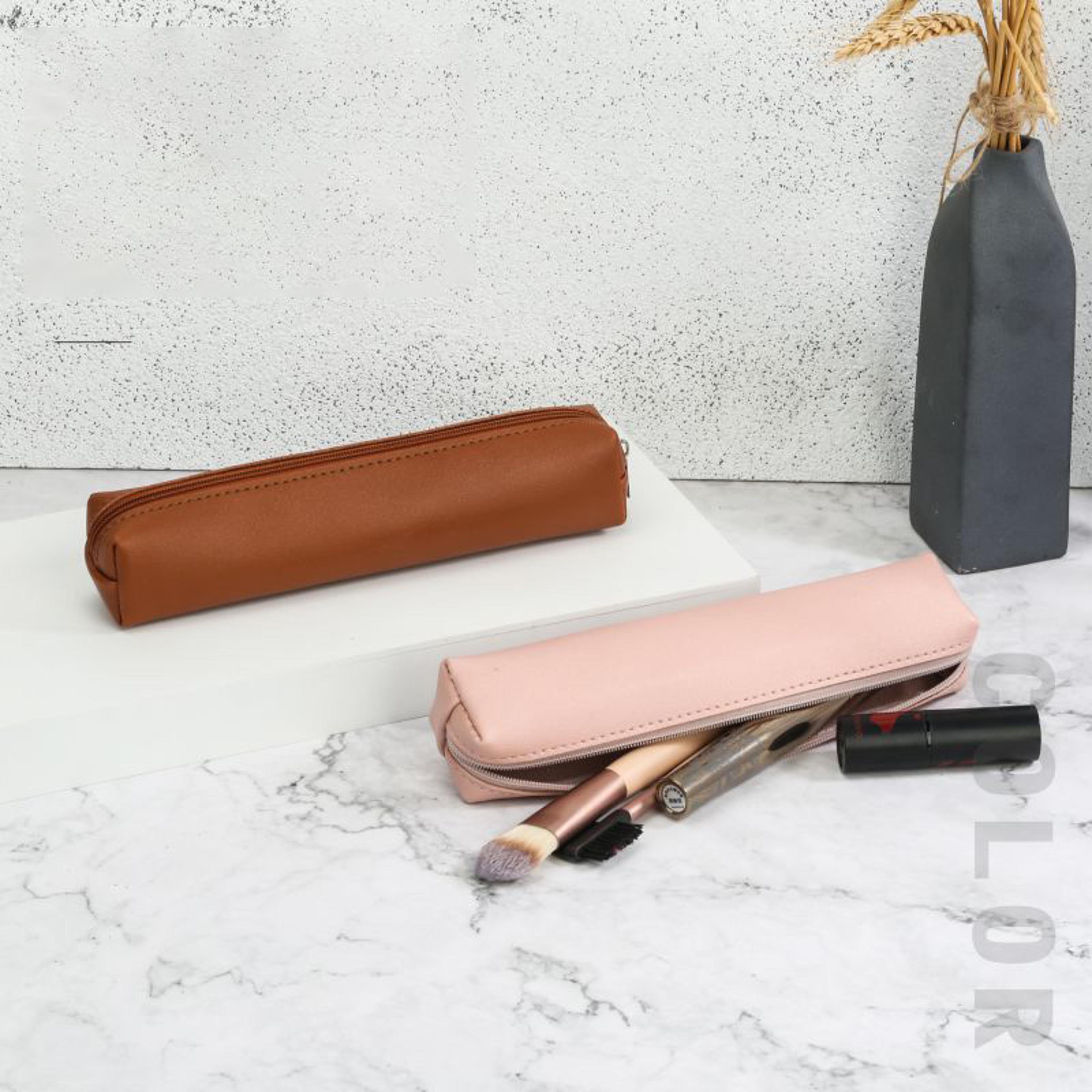 Leather Pencil Case Organizer Zipper Pouch For School Office Makeup And Glasses Storage 1