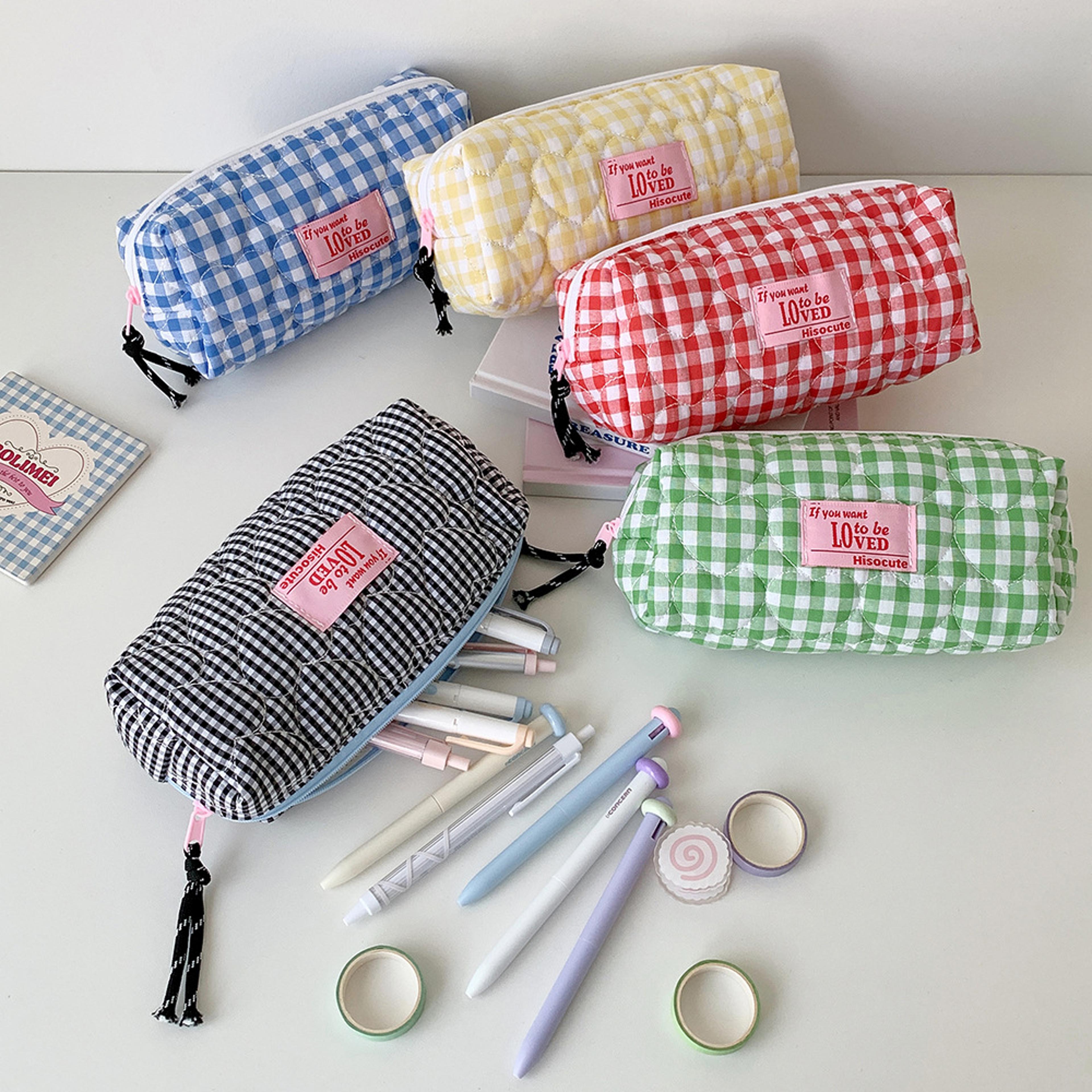 Quilted Heart Grid Pencil Pouch Korean Style Student Stationery Bag 1