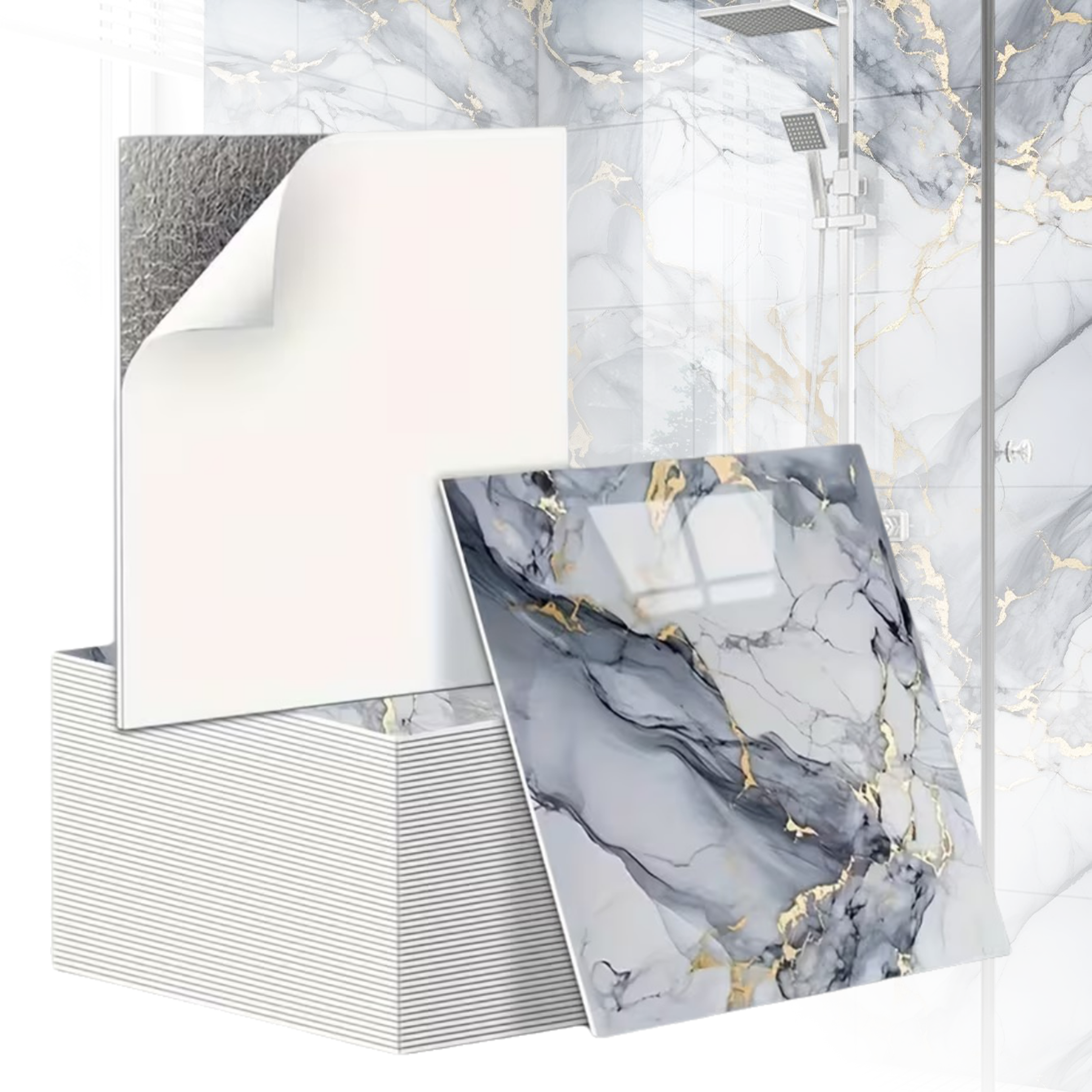 Marble Effect Tile Stickers Waterproof Self Adhesive Wall Panels For Home Renovation 0