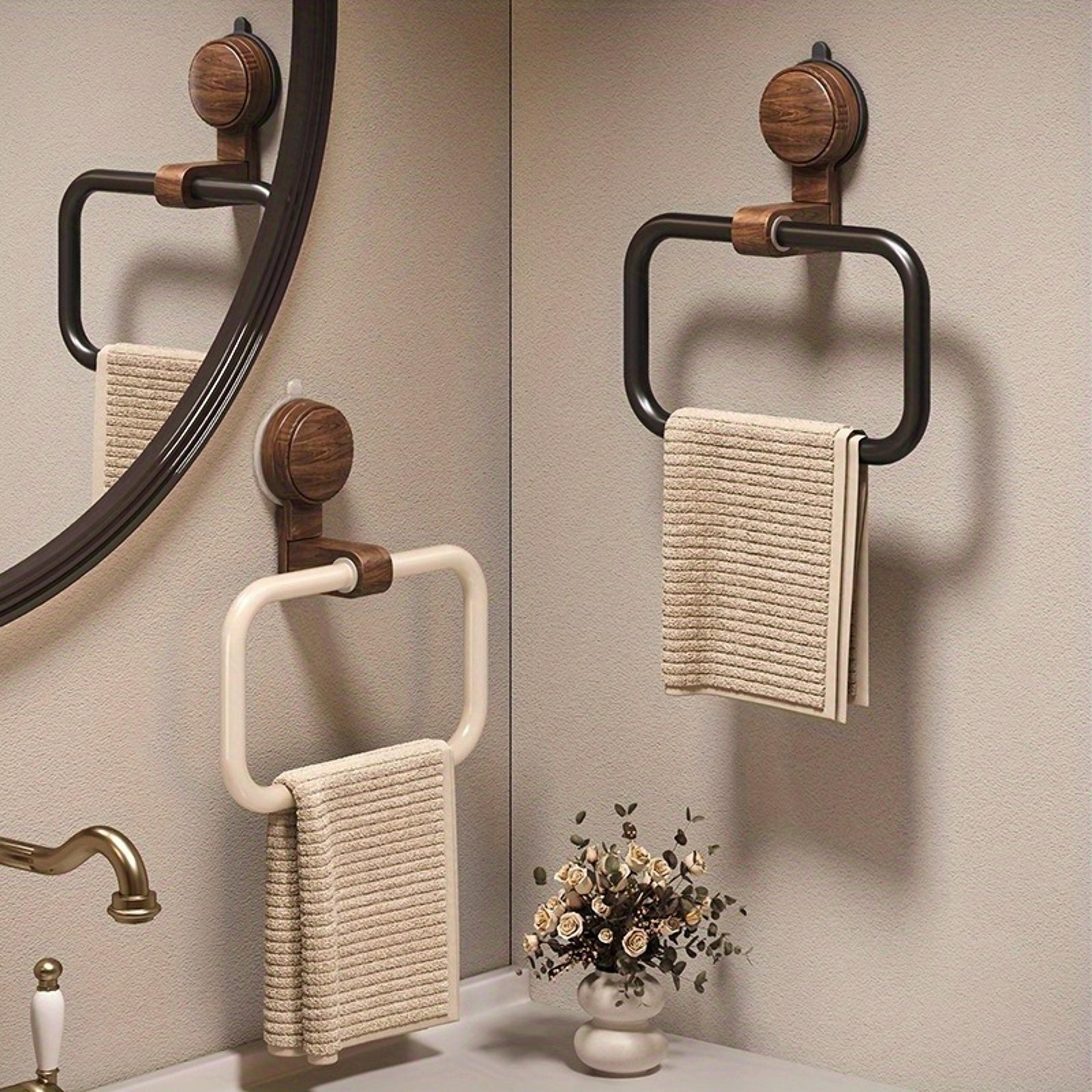 Vintage No Drill Towel Ring Walnut Wood Suction Cup Bathroom Towel Holder 2