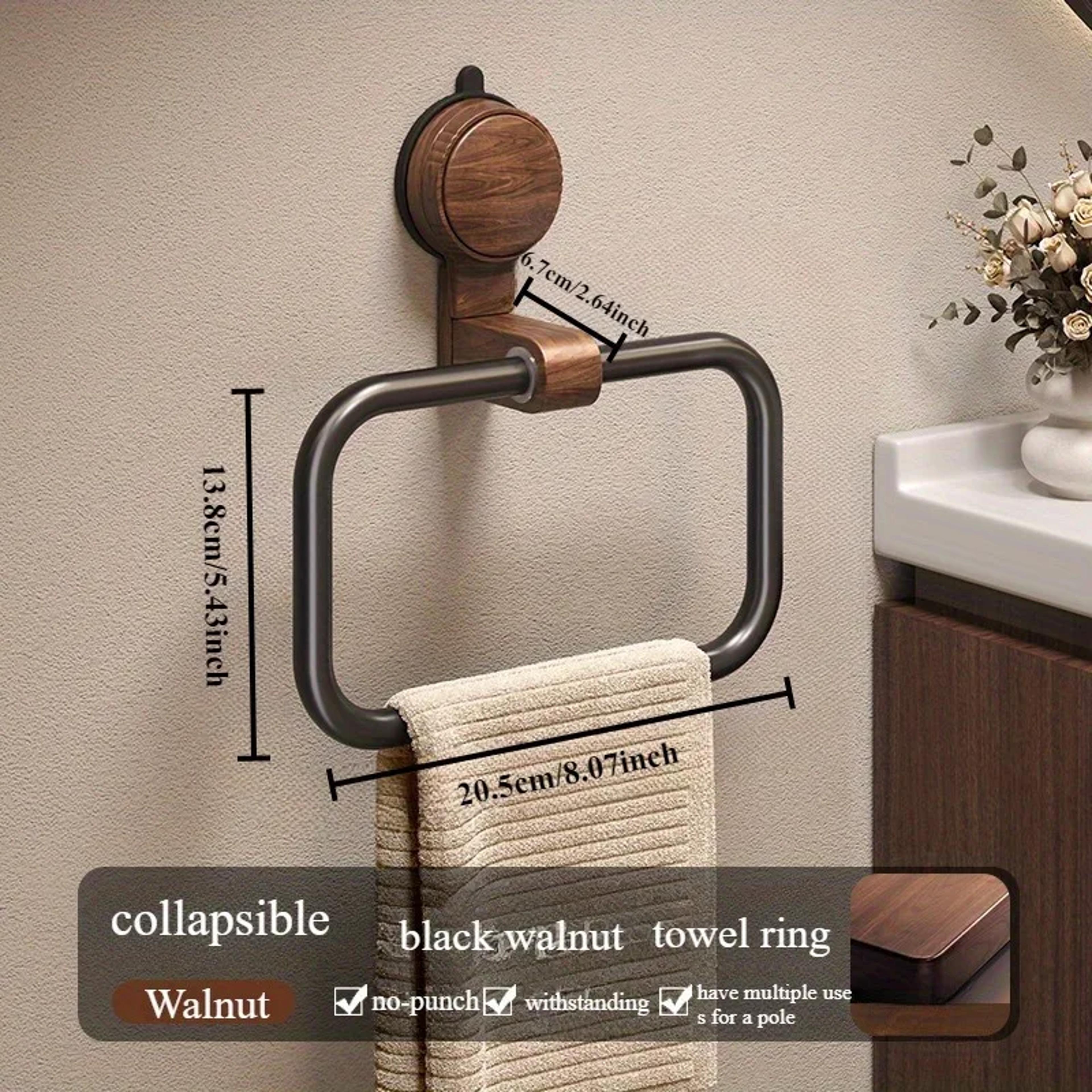 Vintage No Drill Towel Ring Walnut Wood Suction Cup Bathroom Towel Holder 3