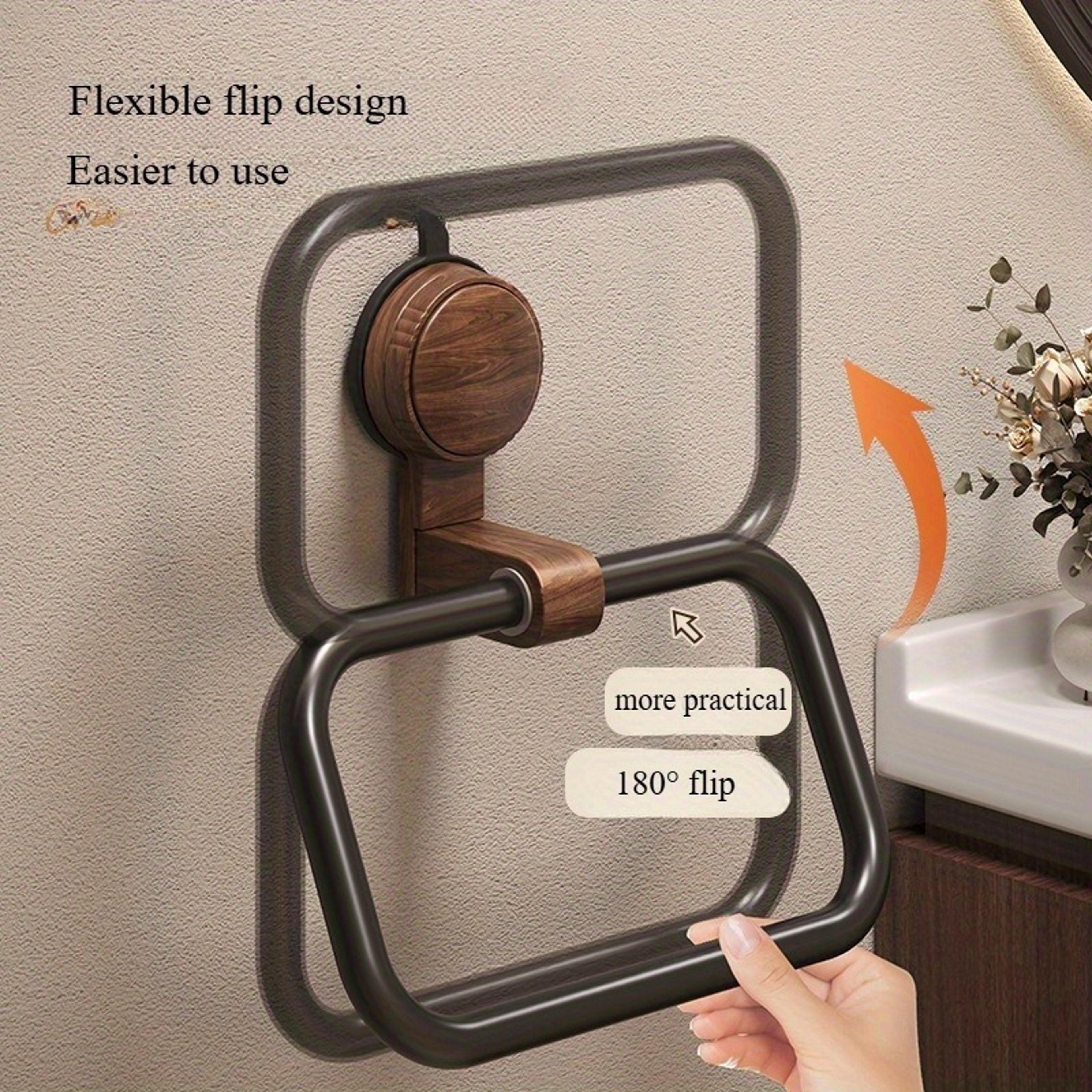 Vintage No Drill Towel Ring Walnut Wood Suction Cup Bathroom Towel Holder 4