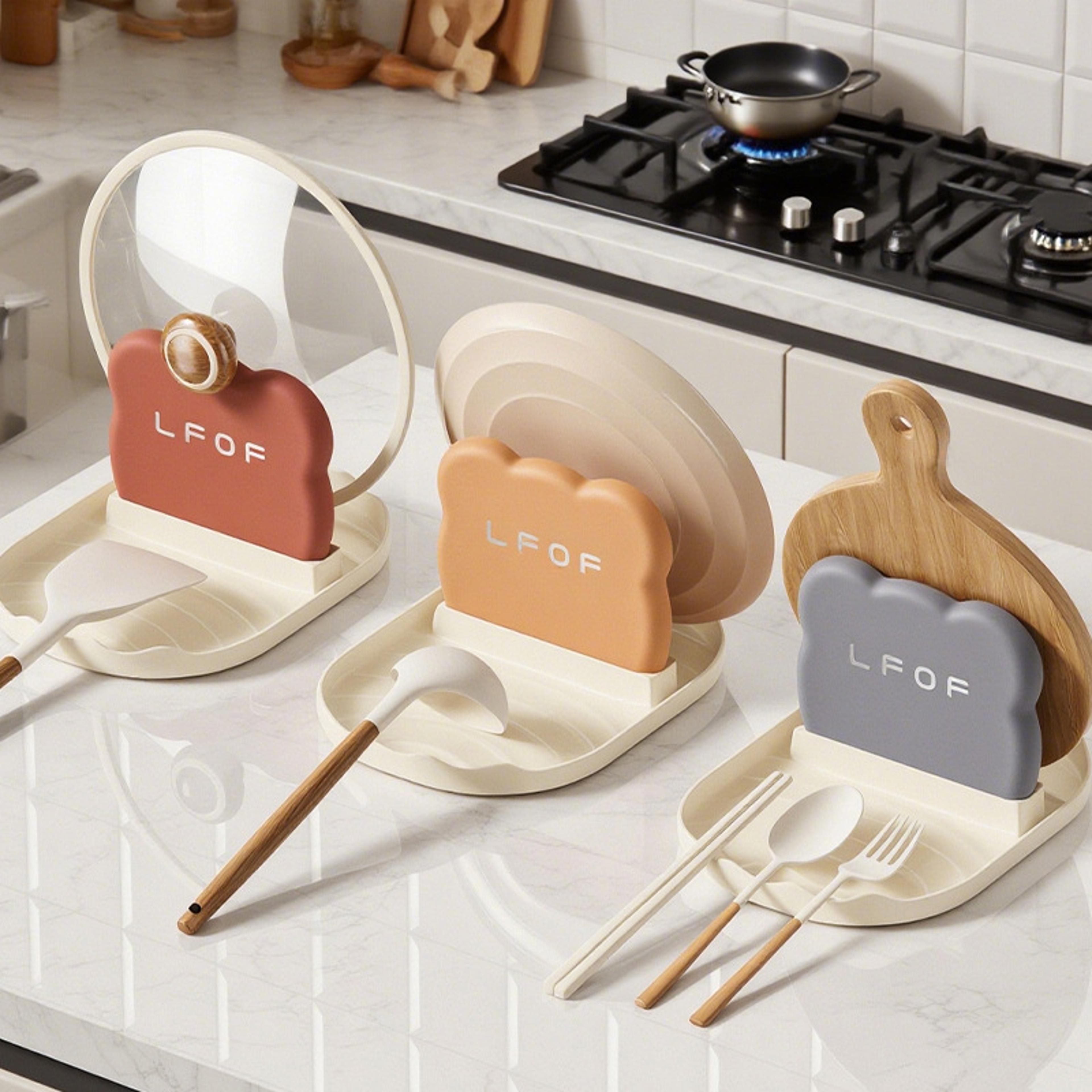 Kitchen Bear Pot Lid Holder Rack Spoon Rest And Utensil Organizer Draining Storage Stand 0