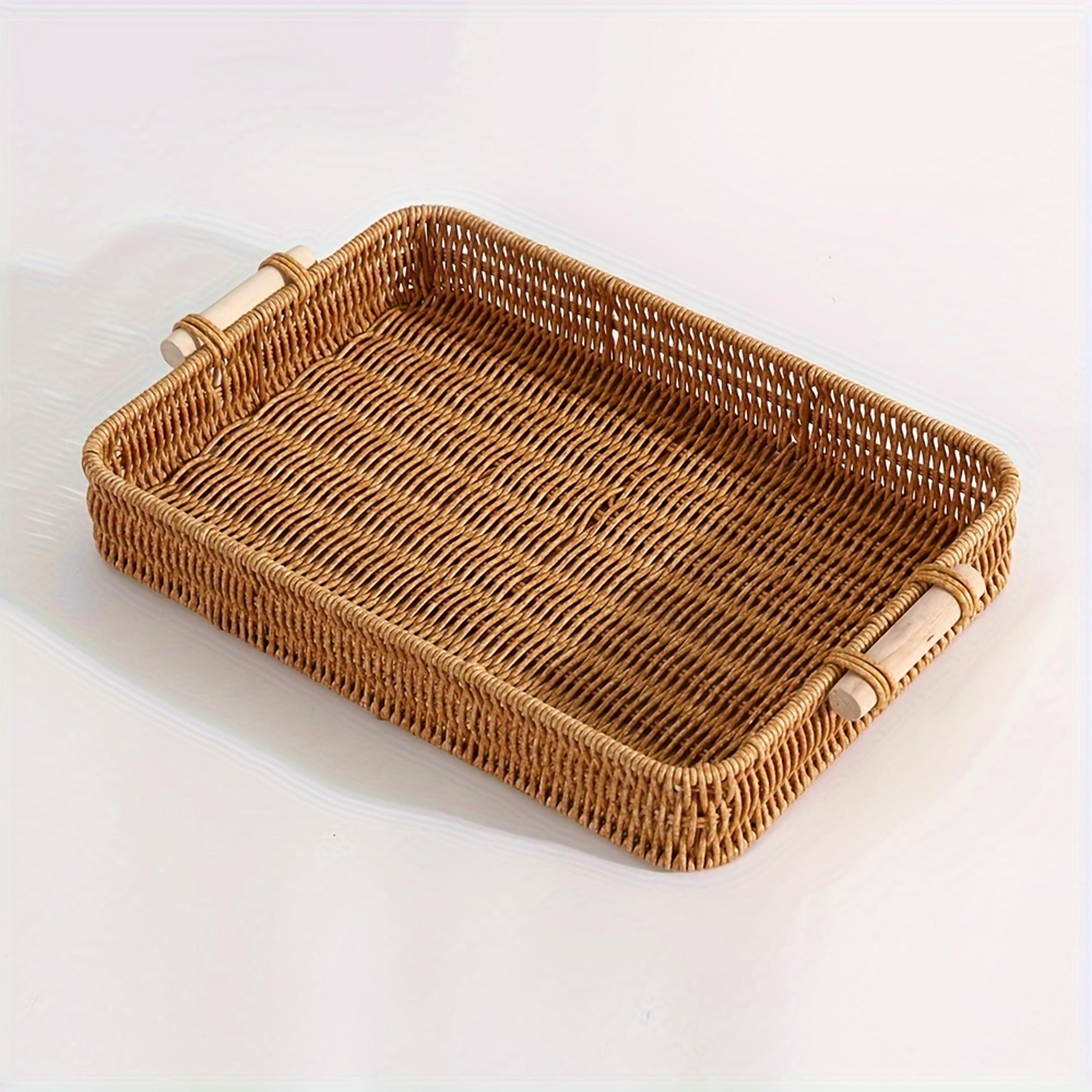 Modern PP Woven Storage Basket With Wooden Handle Rectangular Home Organizer Bin 0
