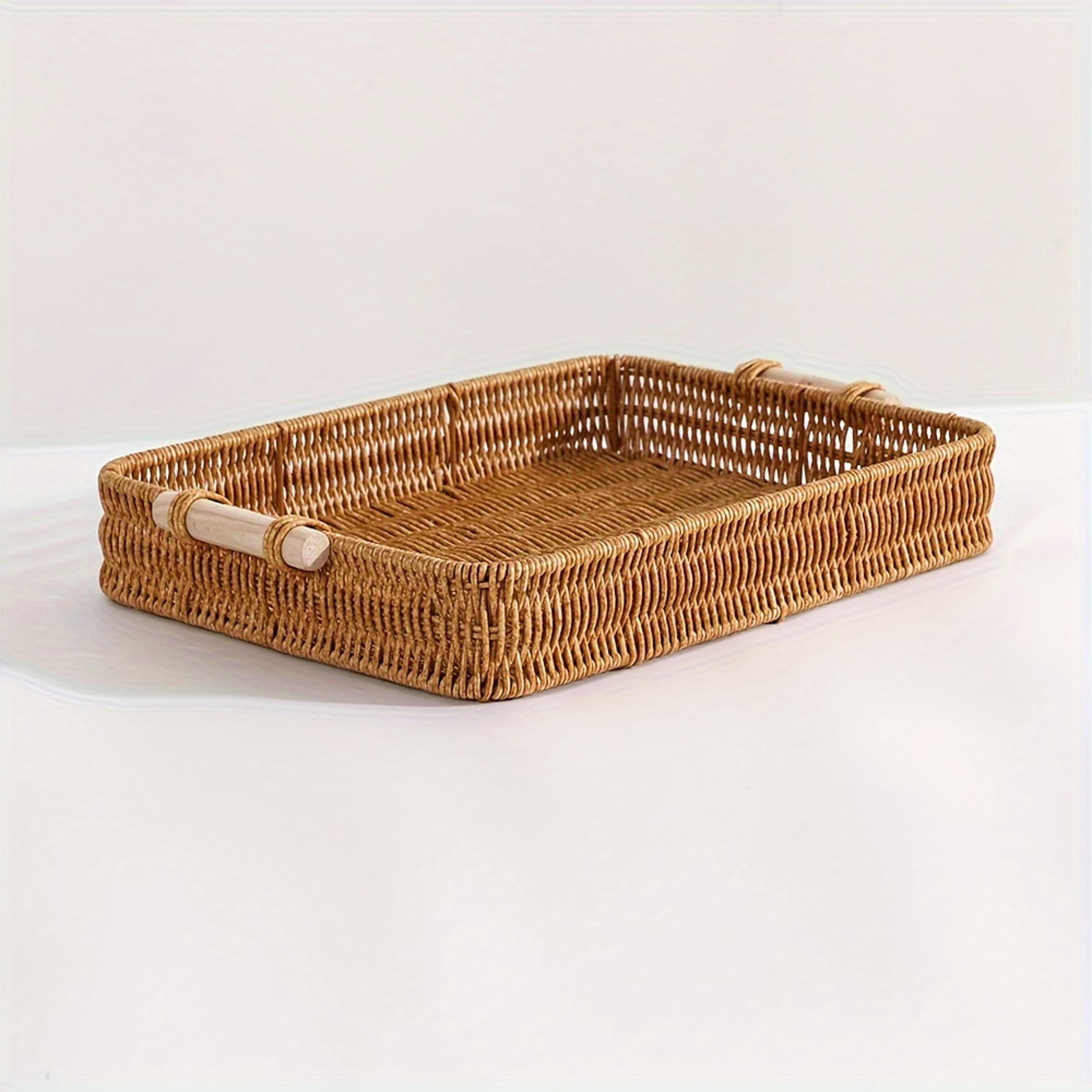 Modern PP Woven Storage Basket With Wooden Handle Rectangular Home Organizer Bin 4