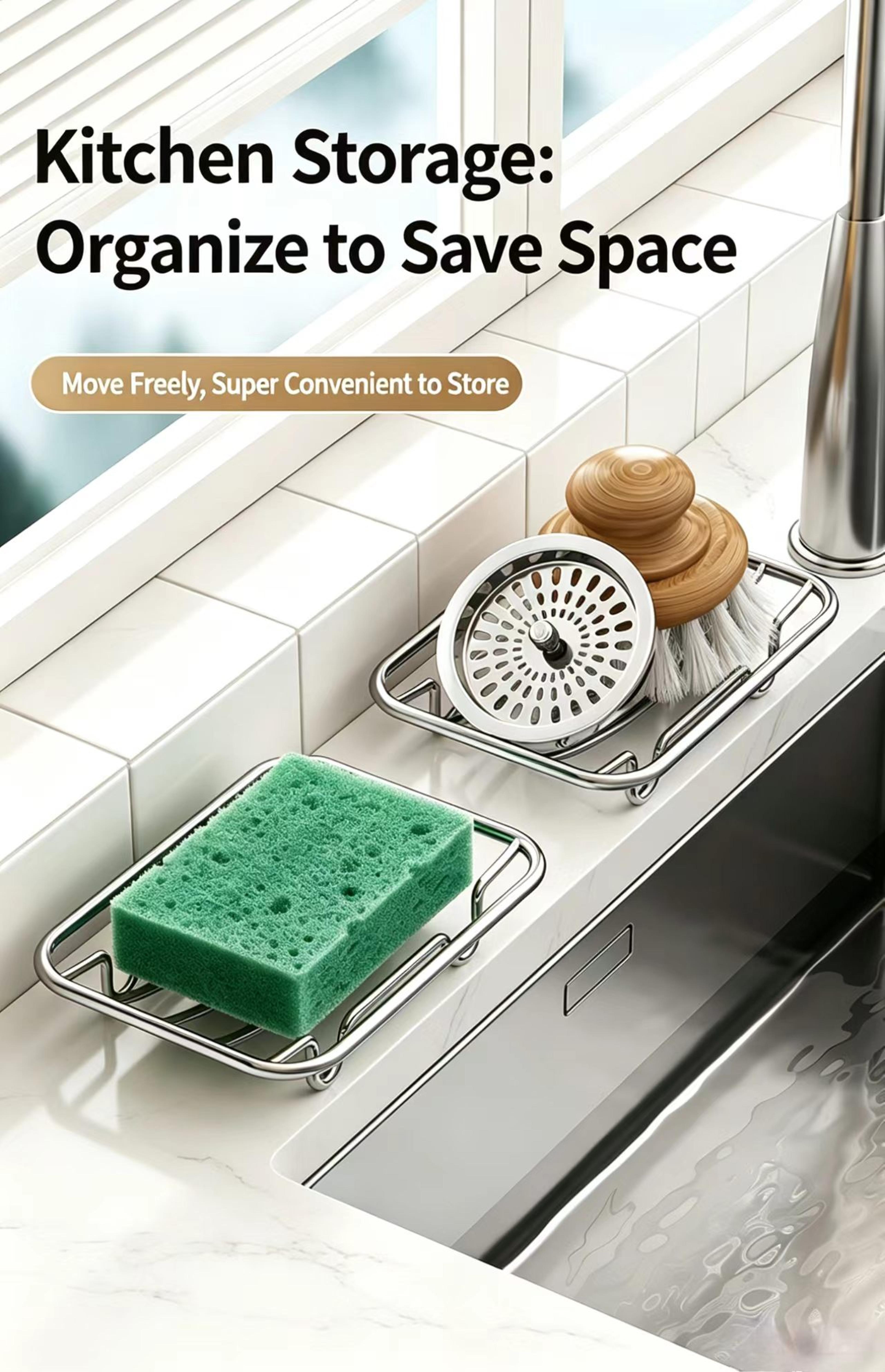 Stainless Steel Sink Silicone Tray Organizer With Self Draining Soap Sponge Holder 2