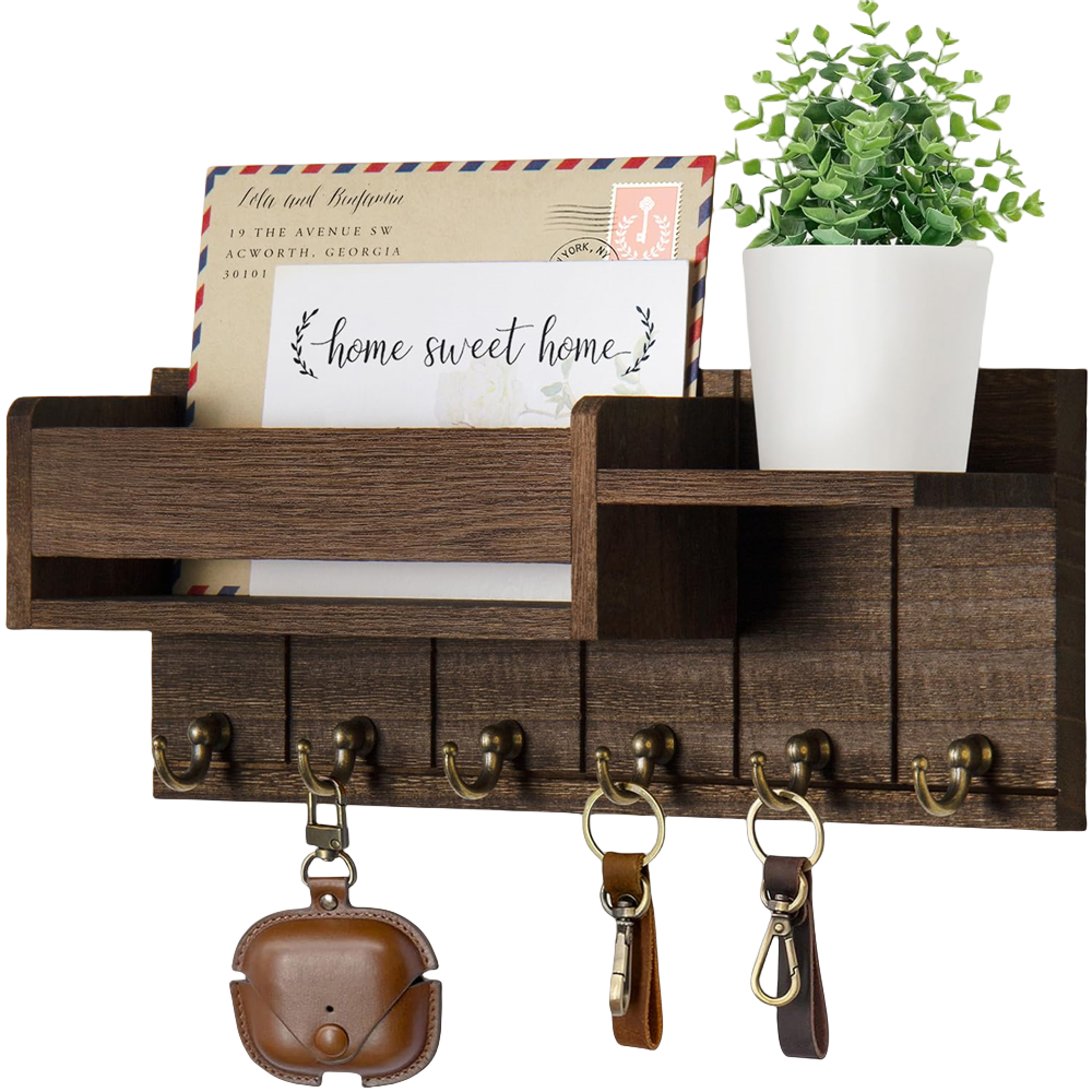 Rustic Wood Key Holder Wall Mounted With Shelf And Mail Organizer 7