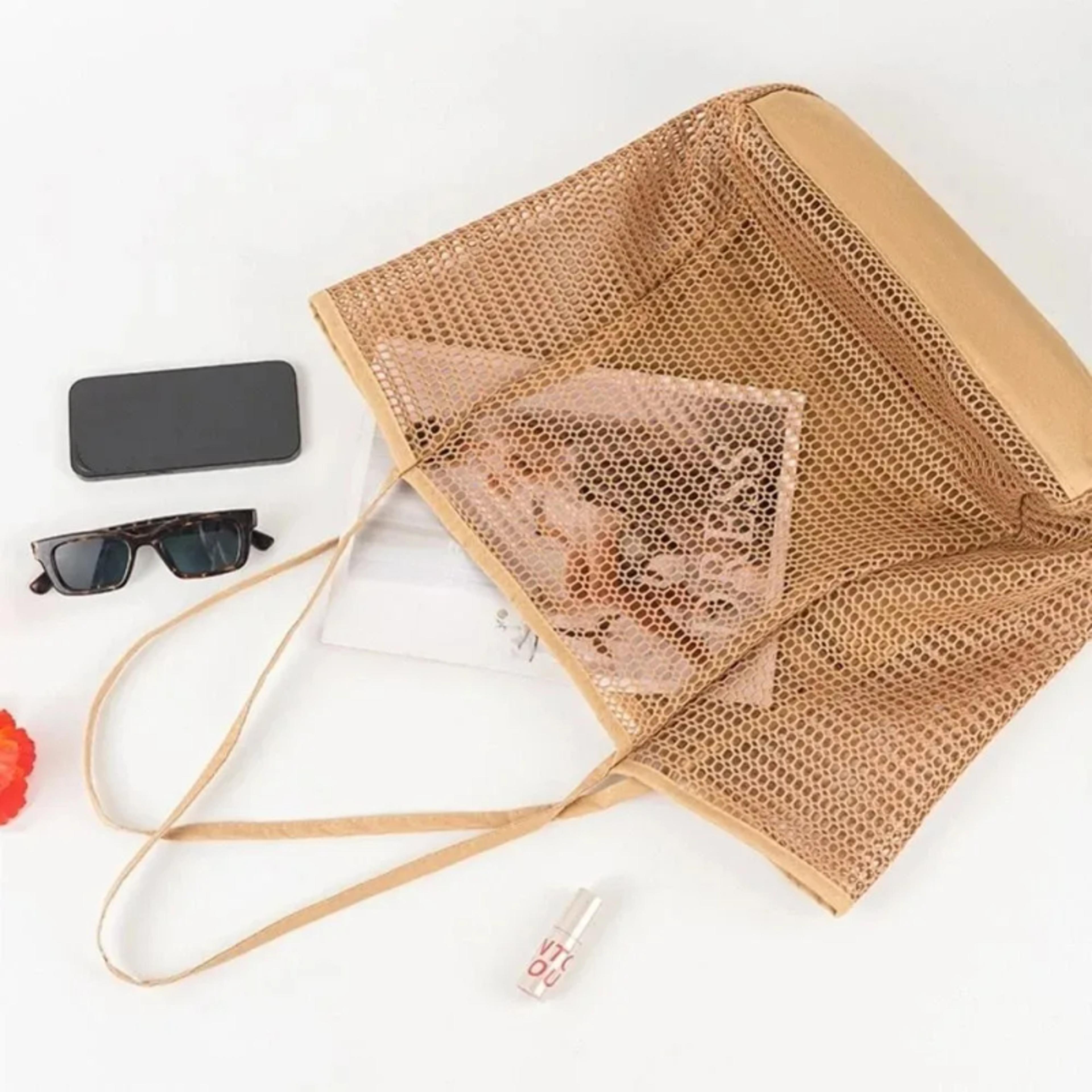 Foldable Beach Bag With Mesh Net Lightweight Shoulder Tote For Travel 2