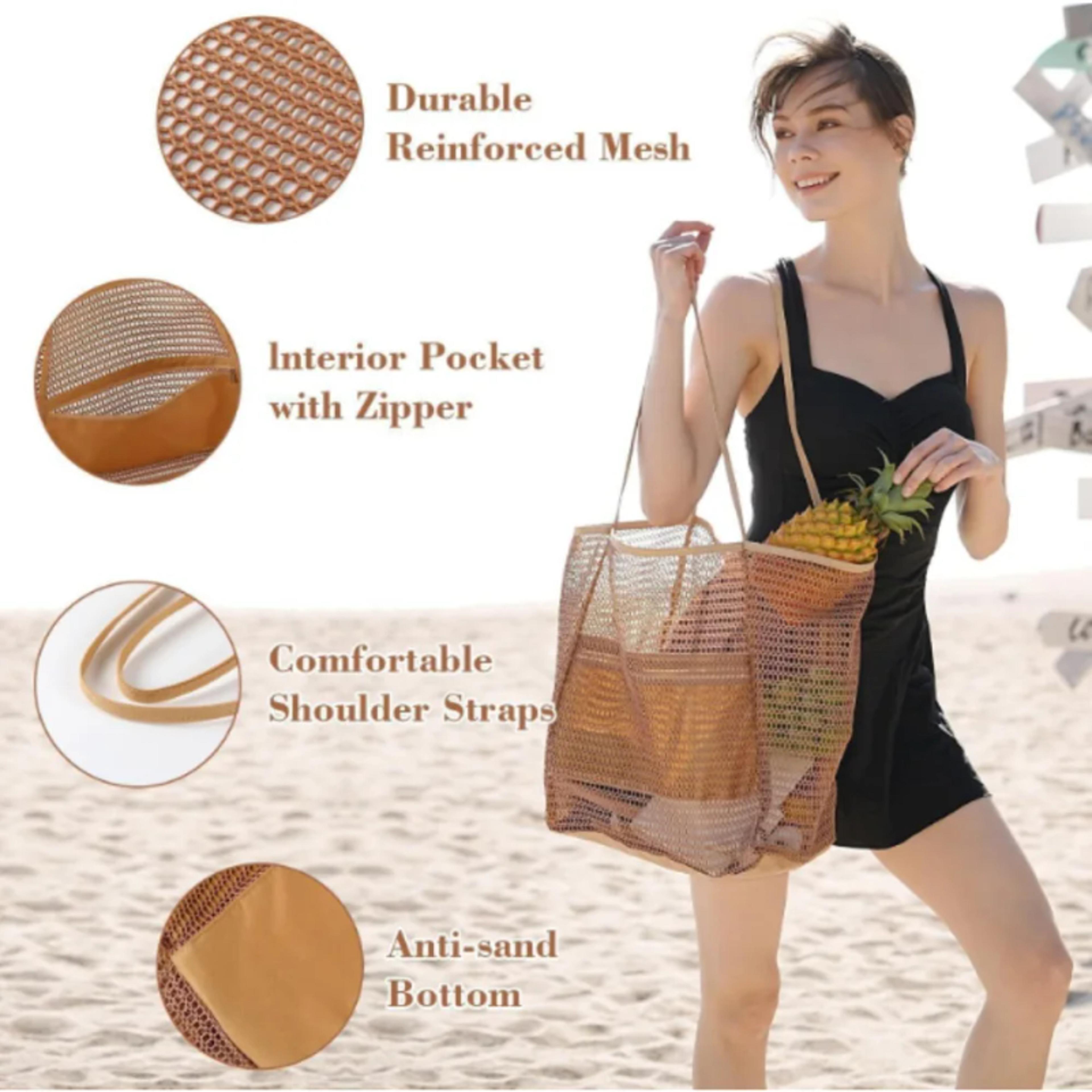 Foldable Beach Bag With Mesh Net Lightweight Shoulder Tote For Travel 3