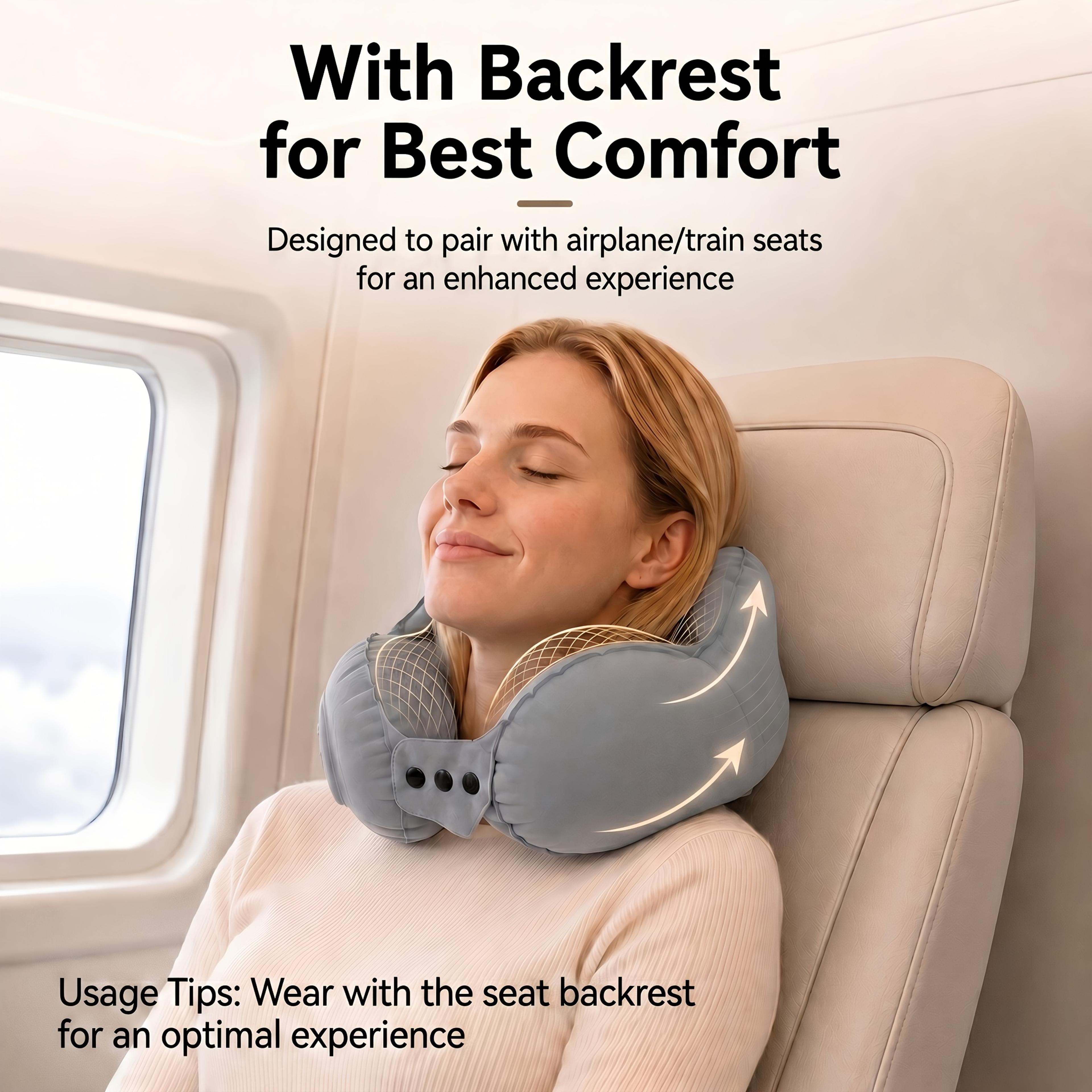 Portable Inflatable Travel Neck Pillow With Push Button Compression For Airplane And Car Comfort 1