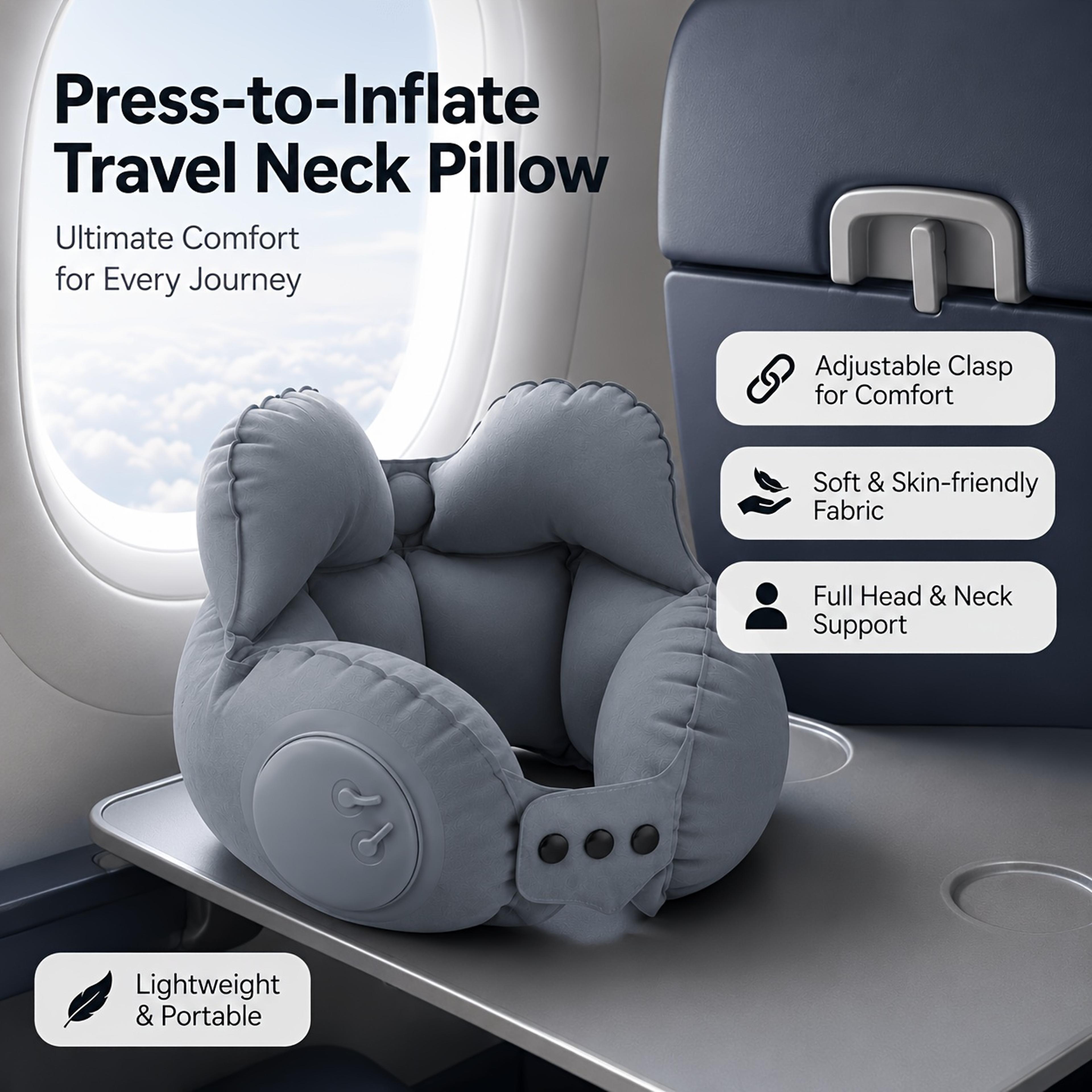 Portable Inflatable Travel Neck Pillow With Push Button Compression For Airplane And Car Comfort 4