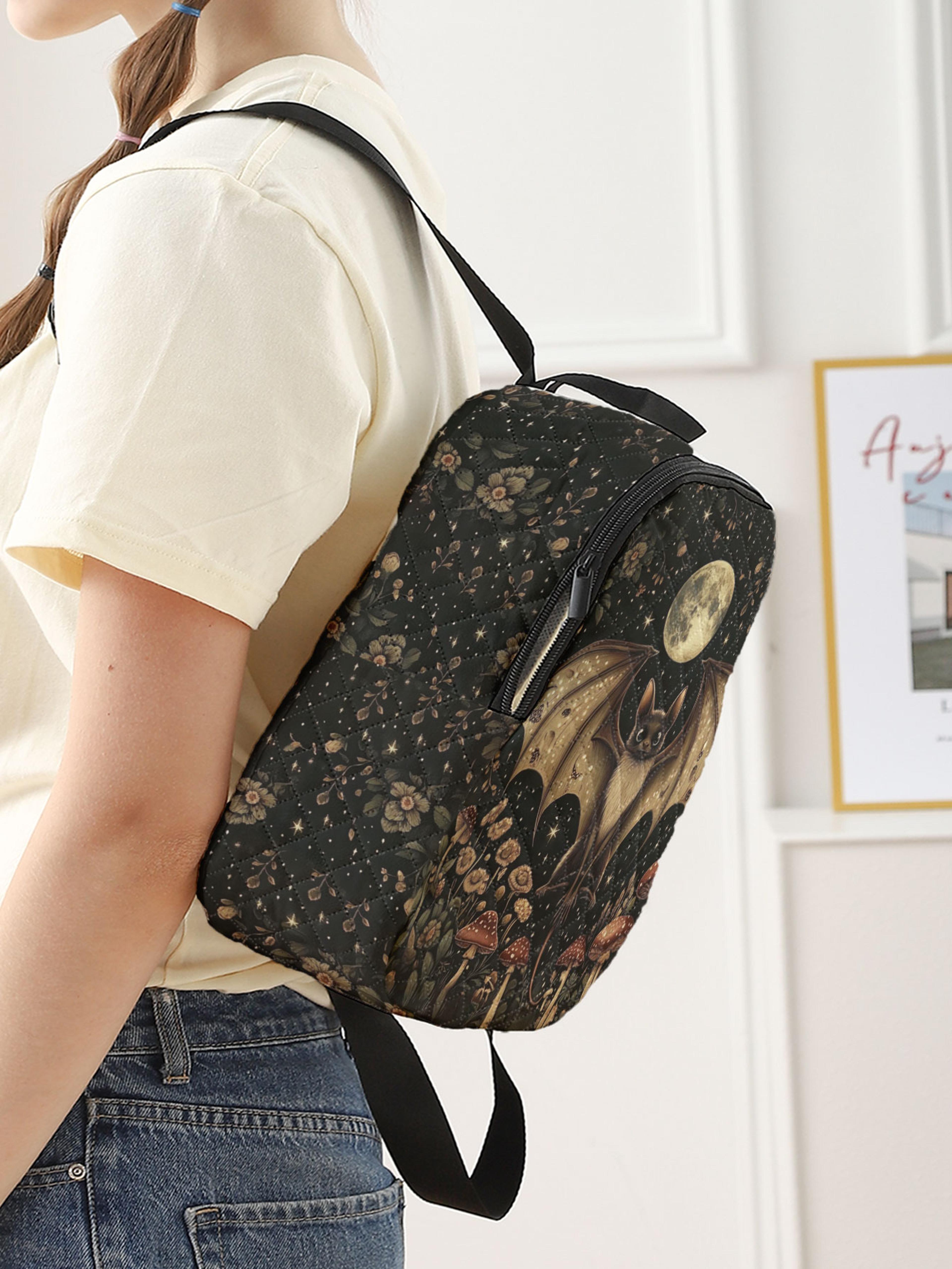 Bat Moon Mushroom Compact Backpack Floral Print Quilted Travel Bag For Women Men Campus Outdoor Use 2