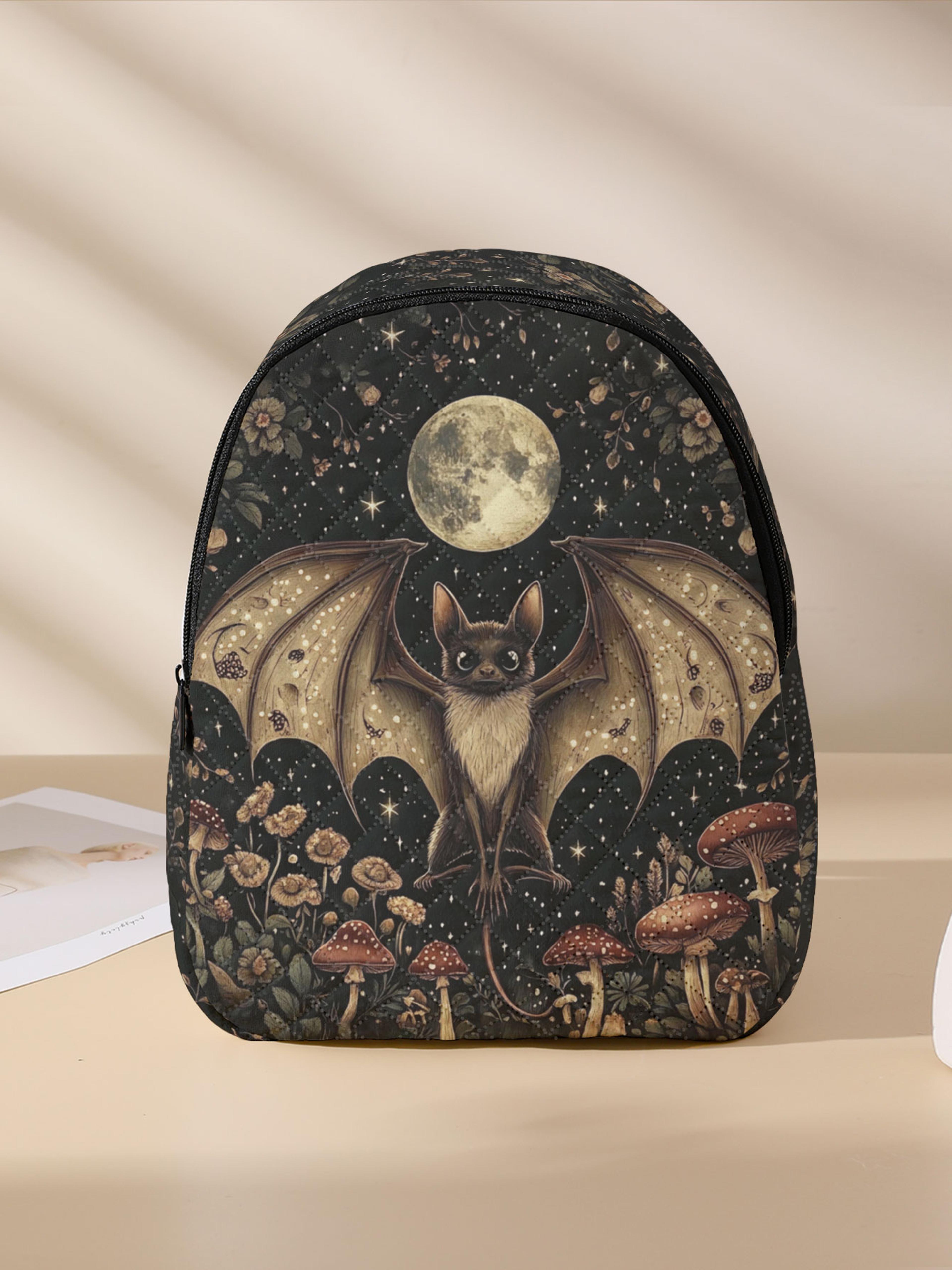 Bat Moon Mushroom Compact Backpack Floral Print Quilted Travel Bag For Women Men Campus Outdoor Use 3