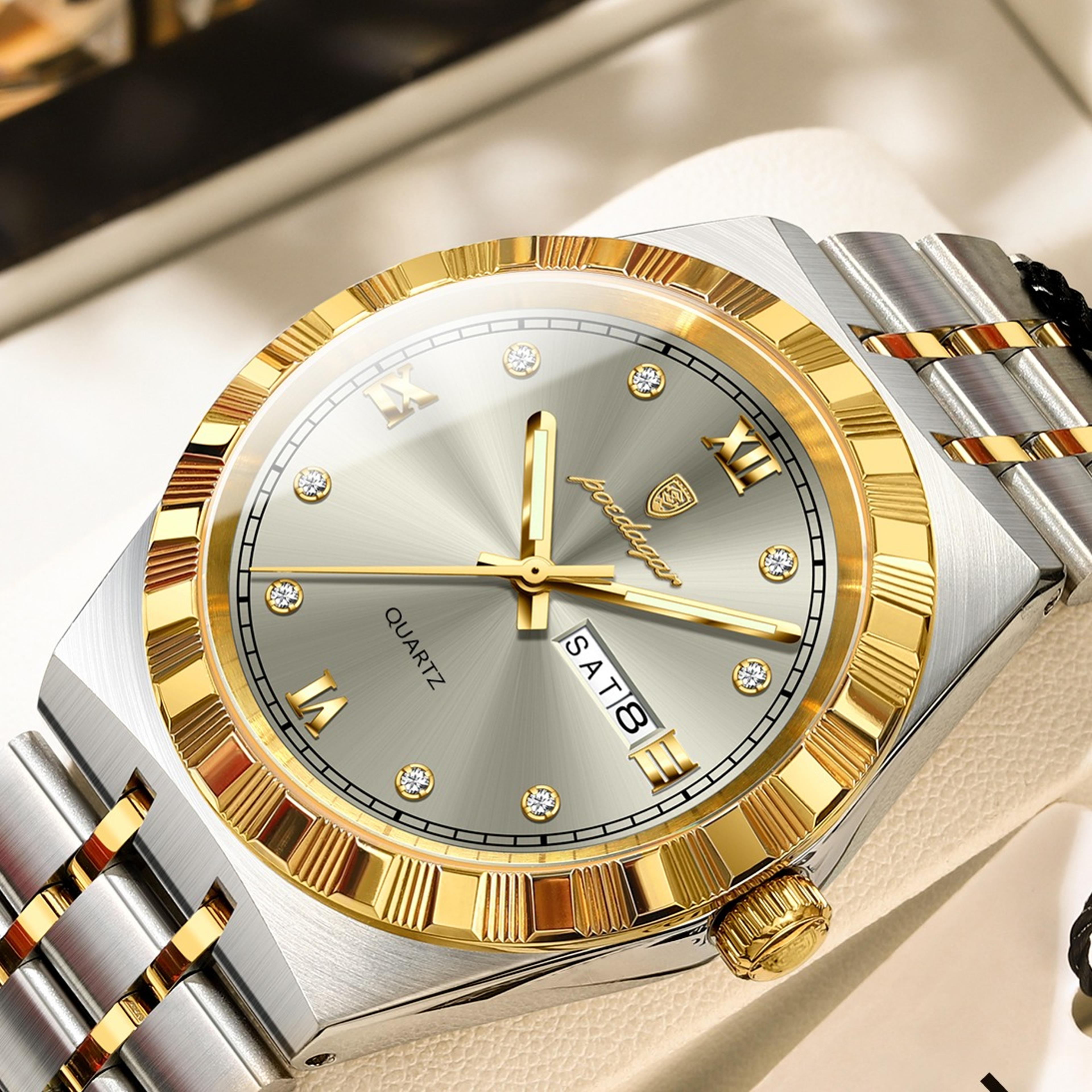 luxury mens stainless steel quartz watch with week date waterproof luminous dial