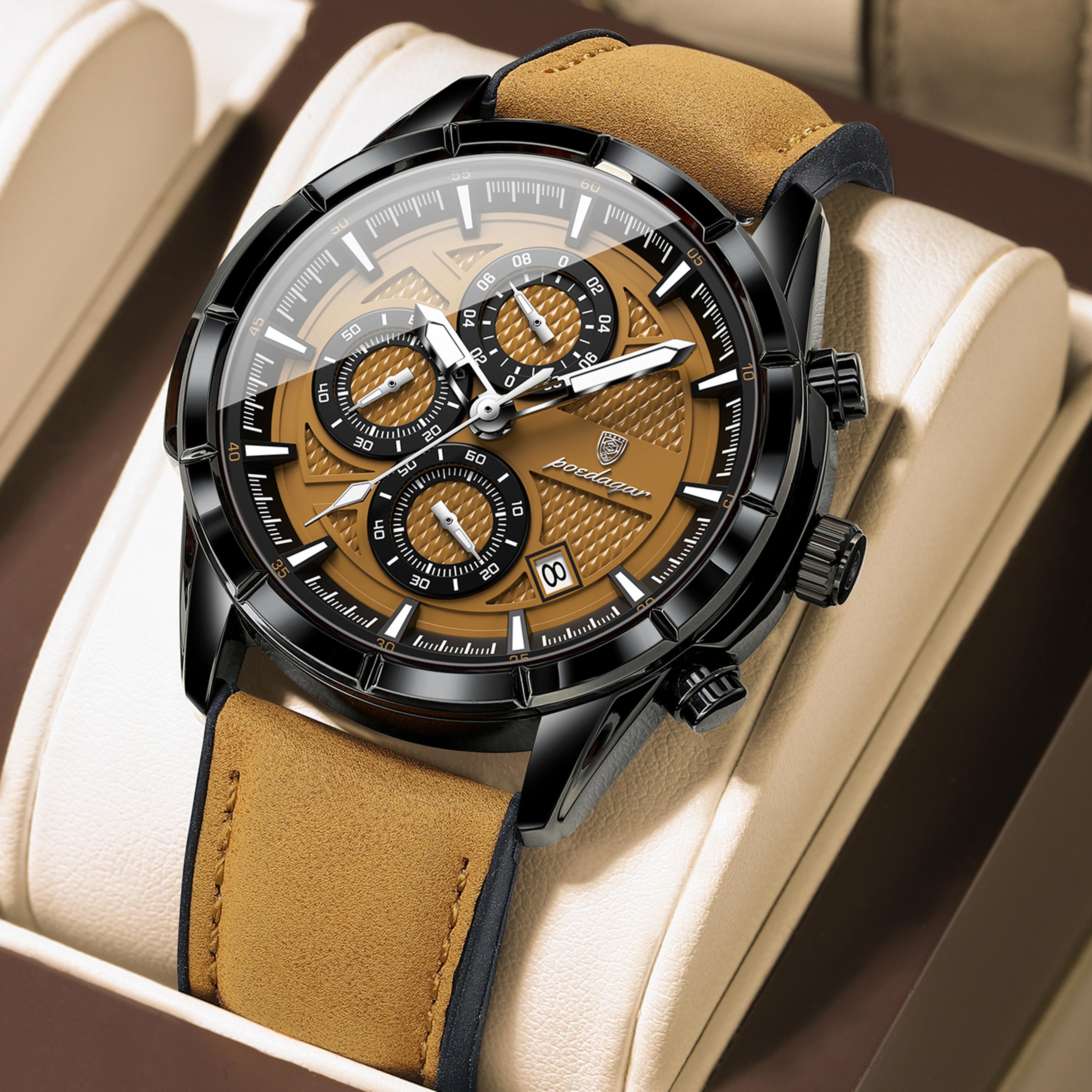mens leather luminous waterproof quartz chronograph watch with date function