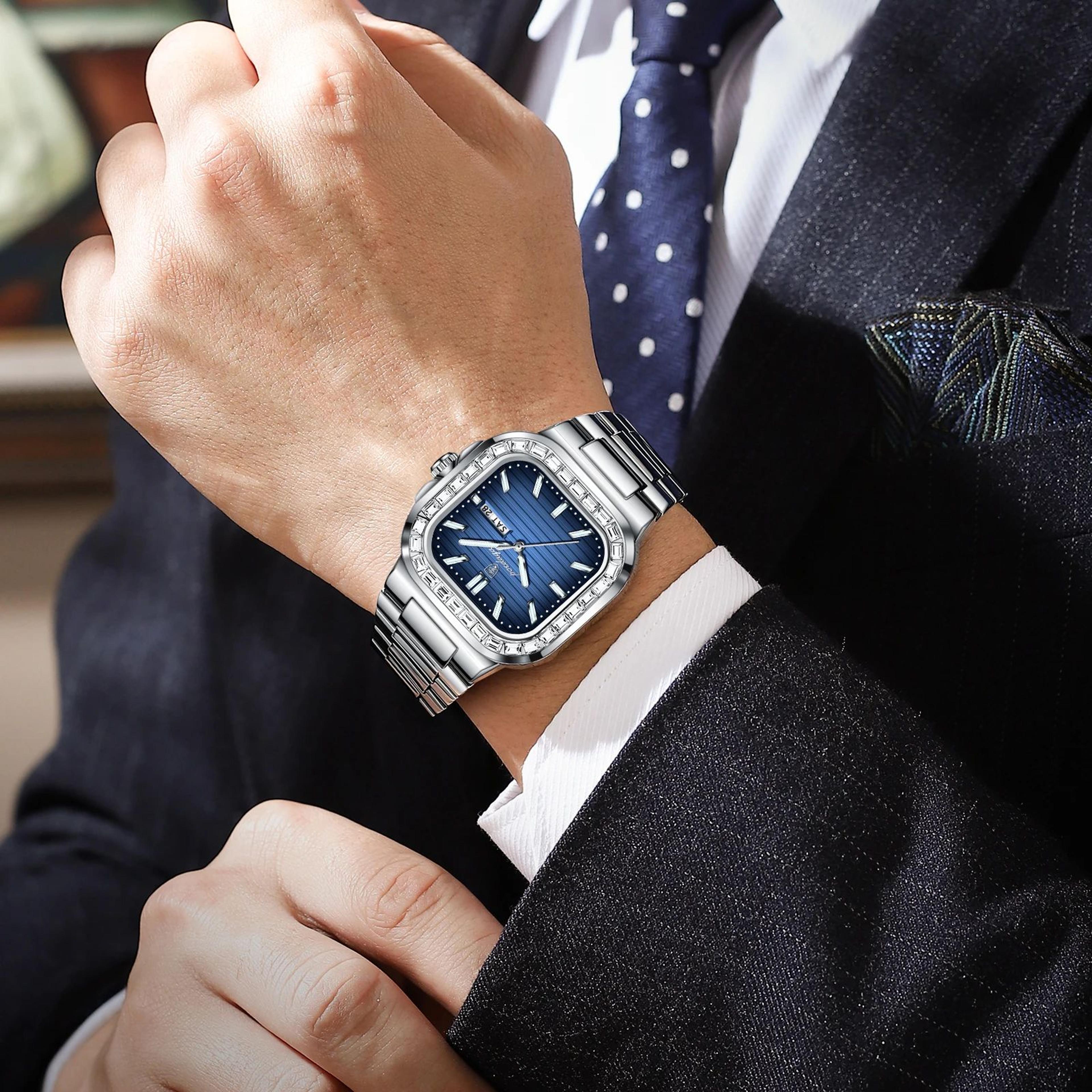 luxury square men's waterproof quartz watch with luminous stainless steel design