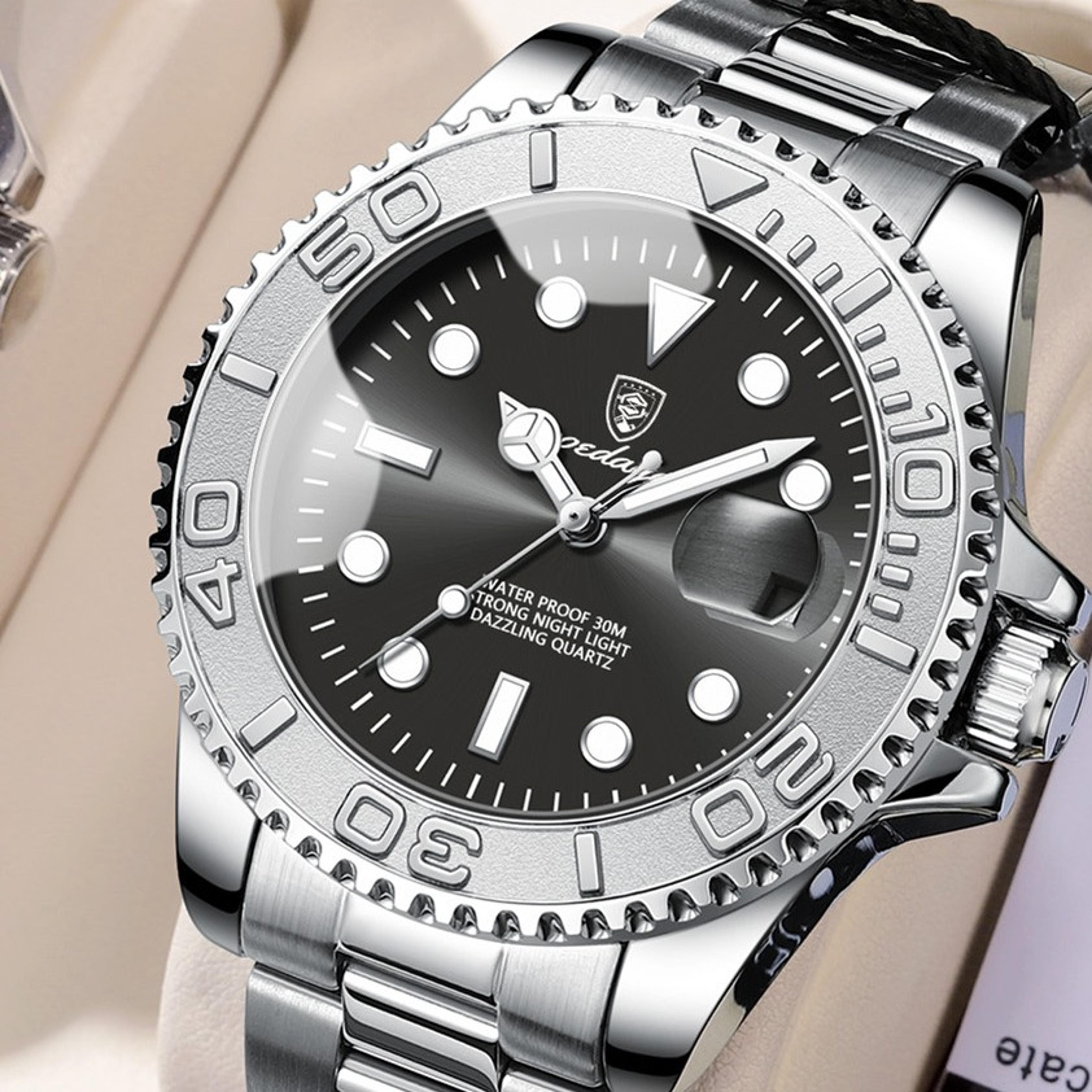 luxury stainless steel mens quartz watch with luminous dial waterproof date display