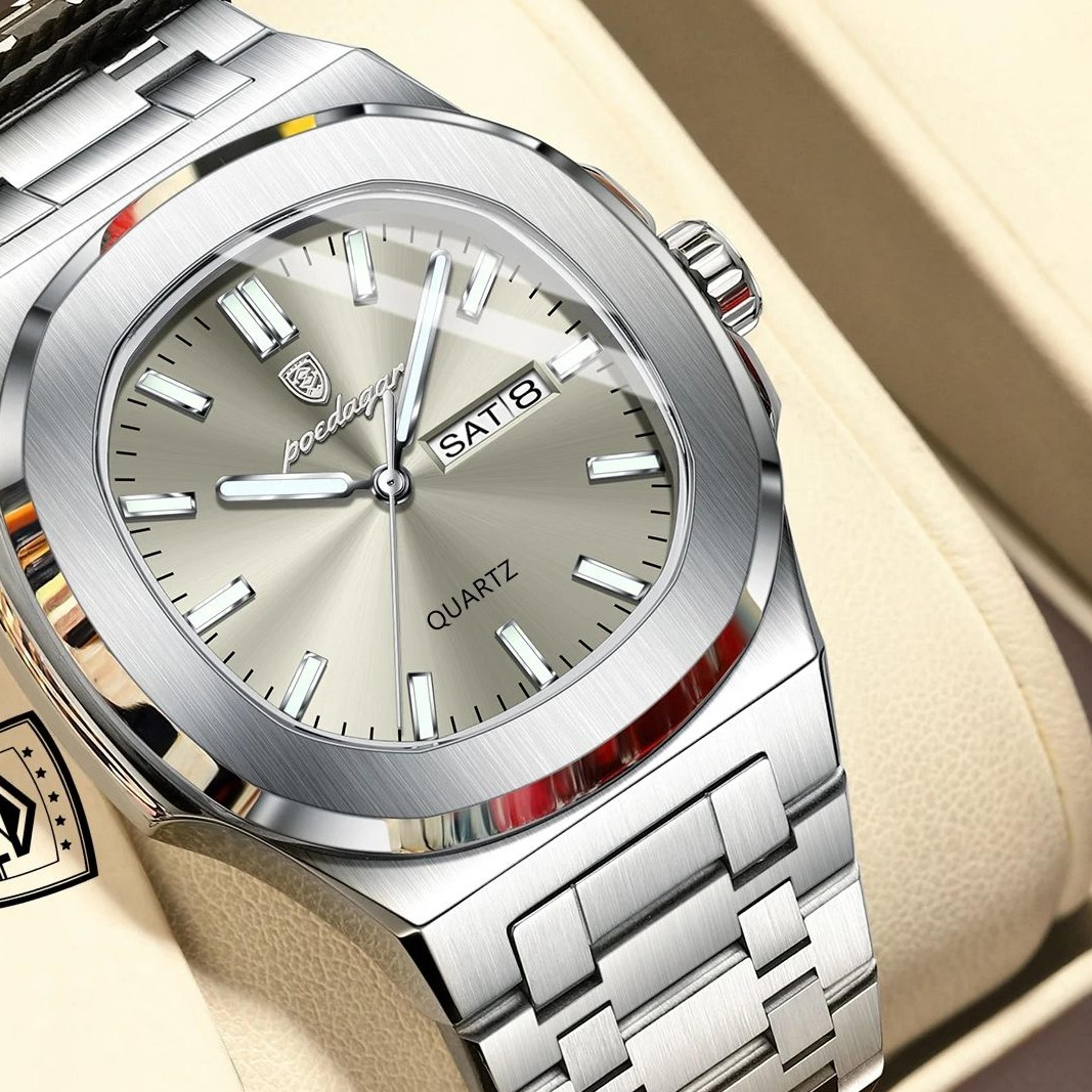 mens stainless steel quartz watch waterproof luminous date week classic casual wristwatch