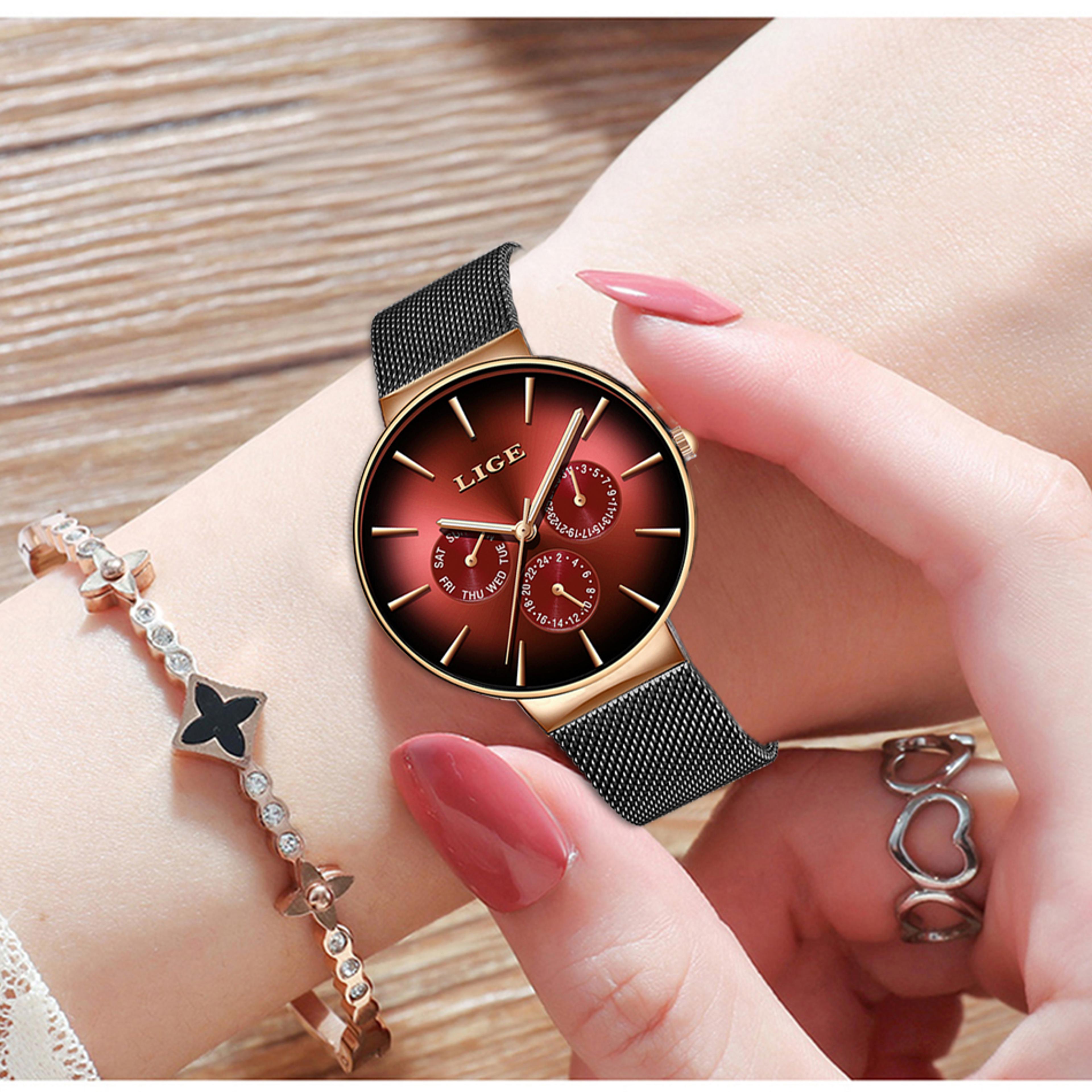 Elegant Womens Quartz Mesh Strap Watch With Date Week Display Waterproof Casual Wristwatch 4