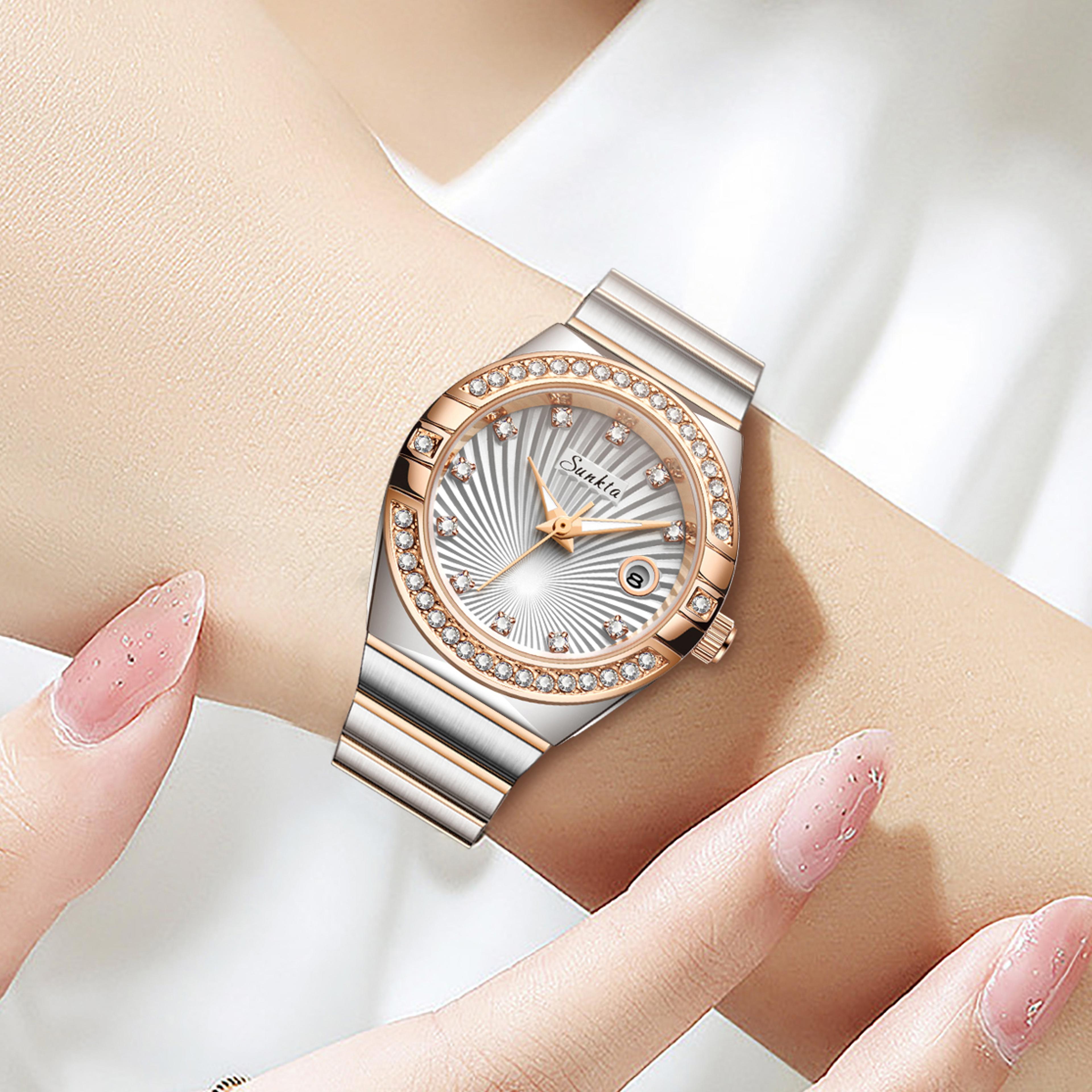 Elegant Luxury Diamond Stainless Steel Women Watch With Calendar Quartz Movement 4