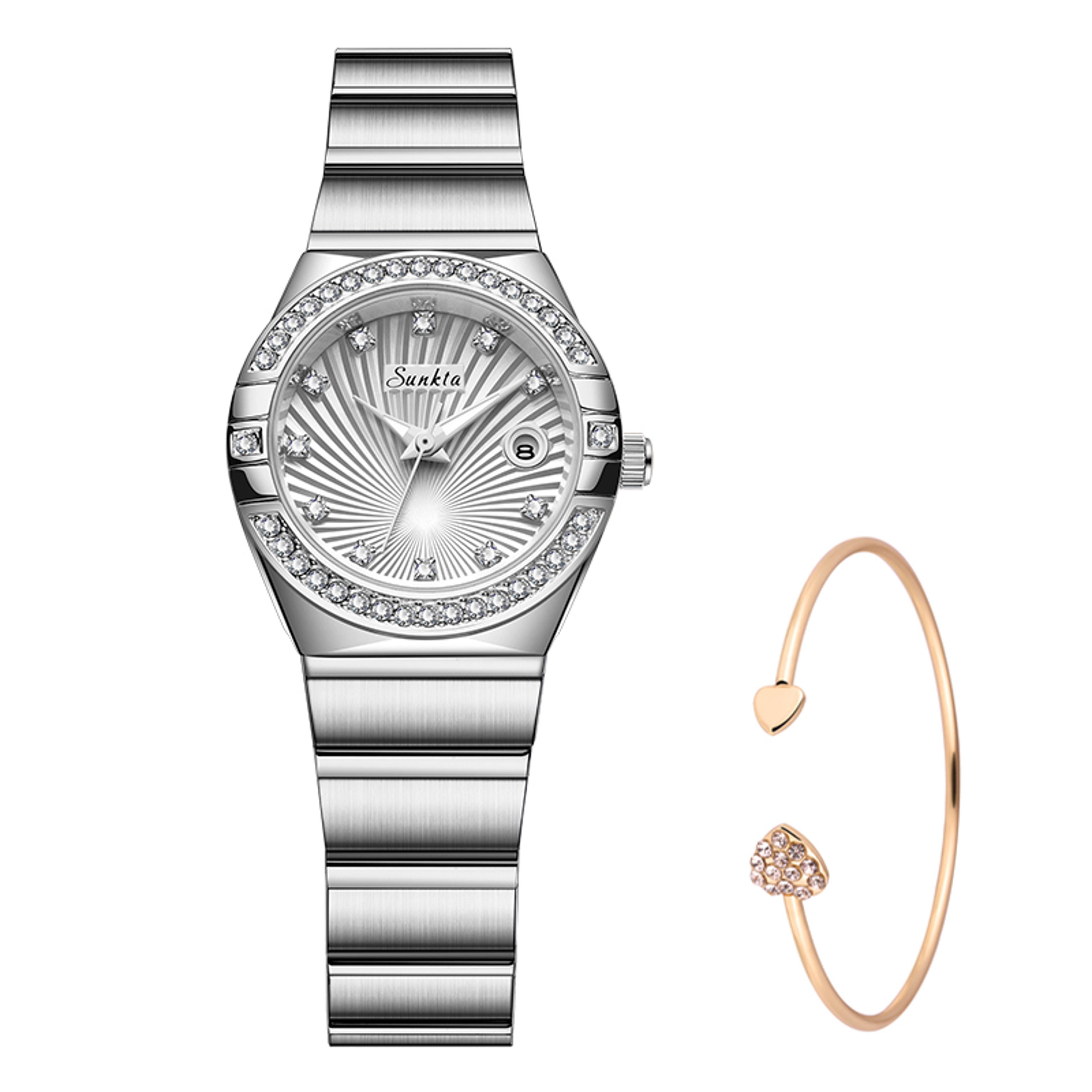 Elegant Luxury Diamond Stainless Steel Women Watch With Calendar Quartz Movement 9