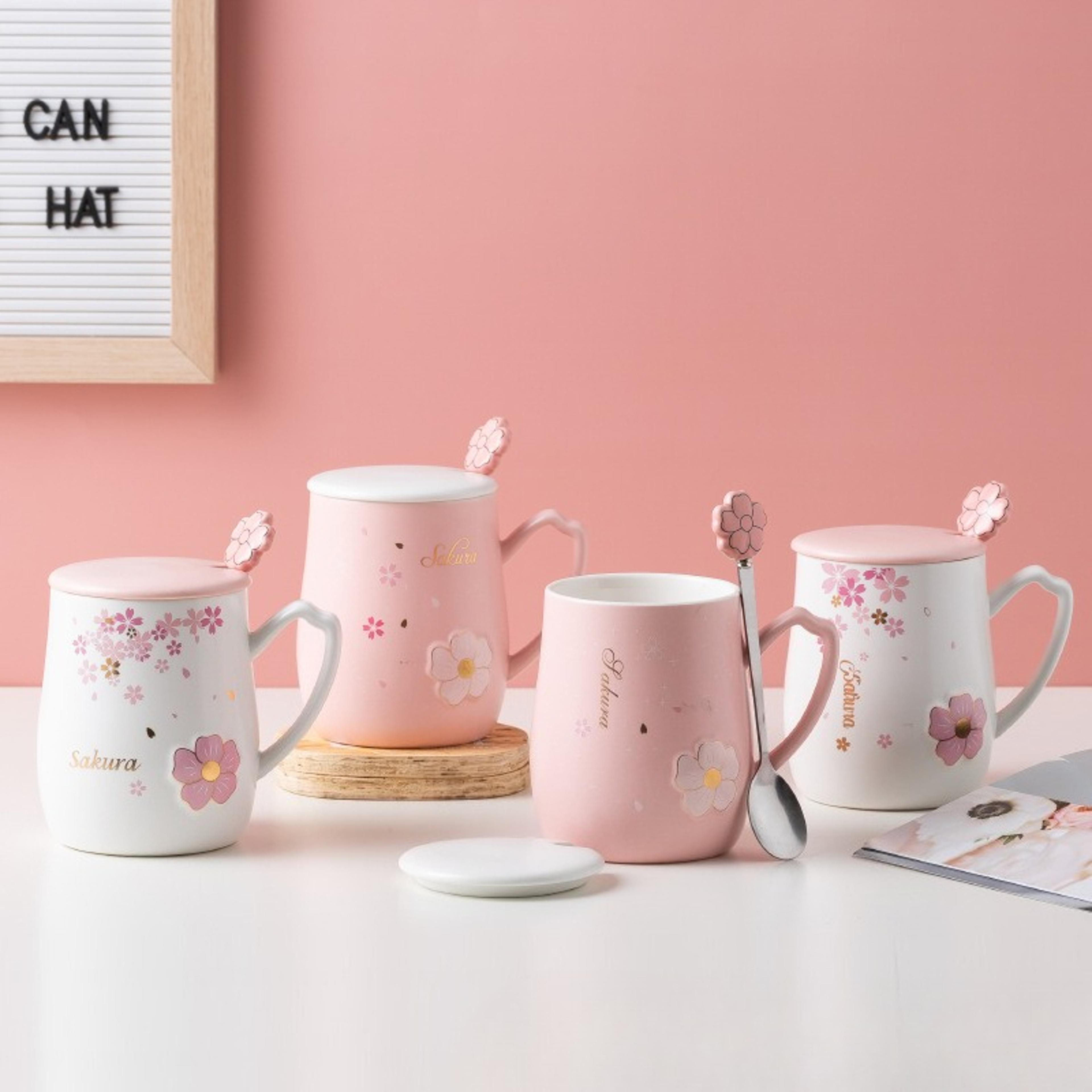 Cherry Blossom Ceramic Mug With Lid And Spoon Heat Resistant Coffee And Tea Cup 1