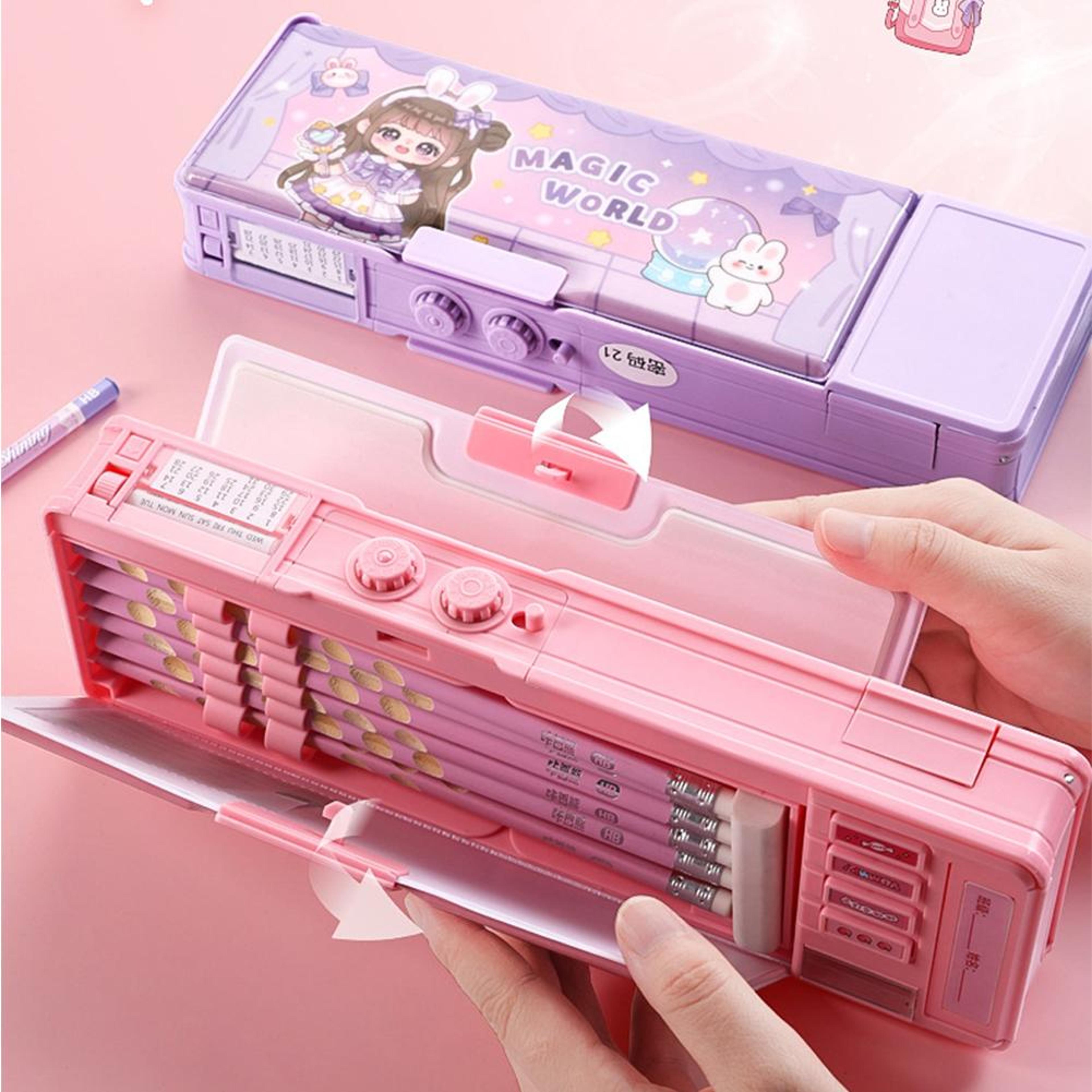 Password Lock Pencil Box Double Layer Large Capacity Kids Stationery Organizer 3