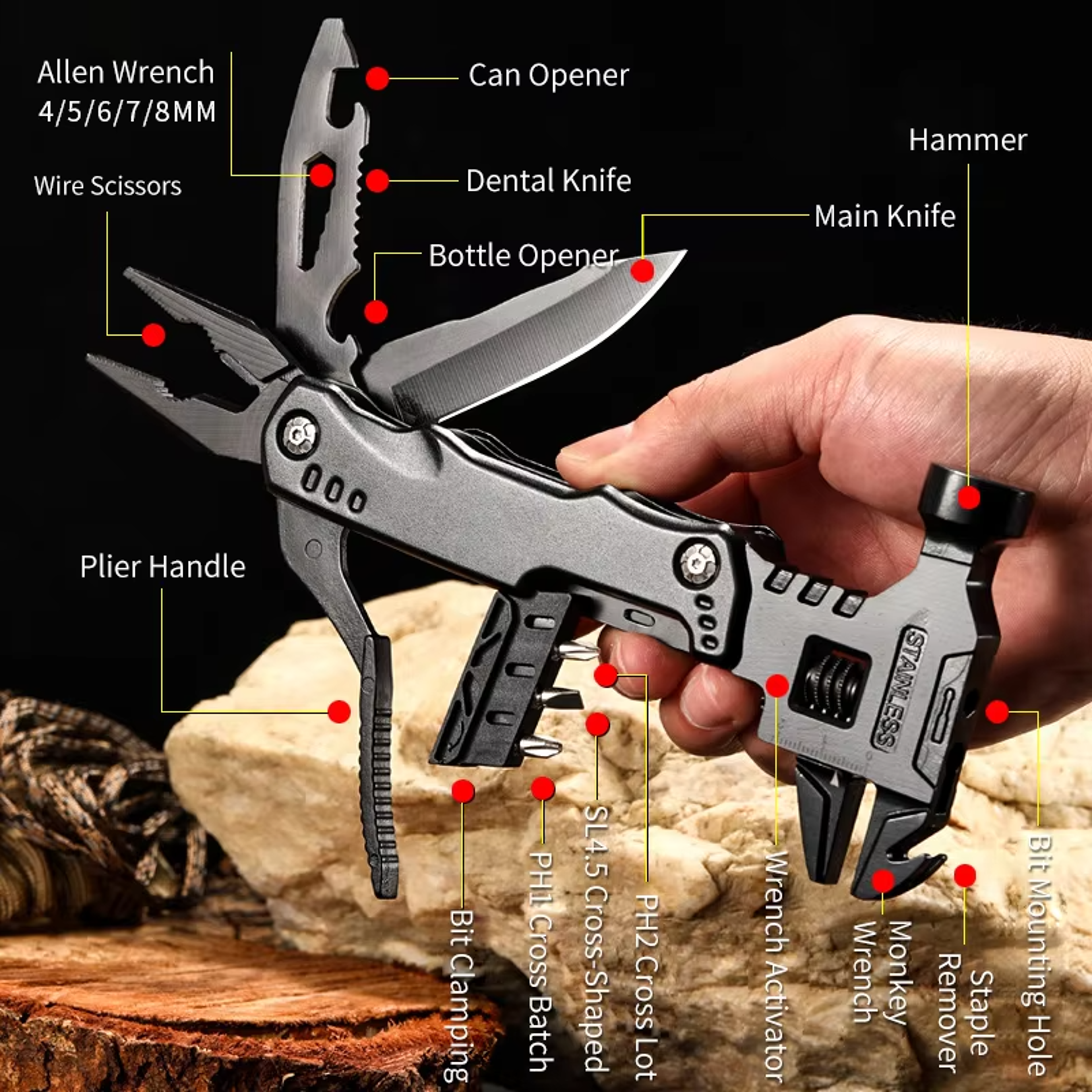 Multifunctional Camping Multi Tool With Wrench Hammer Knife And Pliers For Outdoor Repairs 5