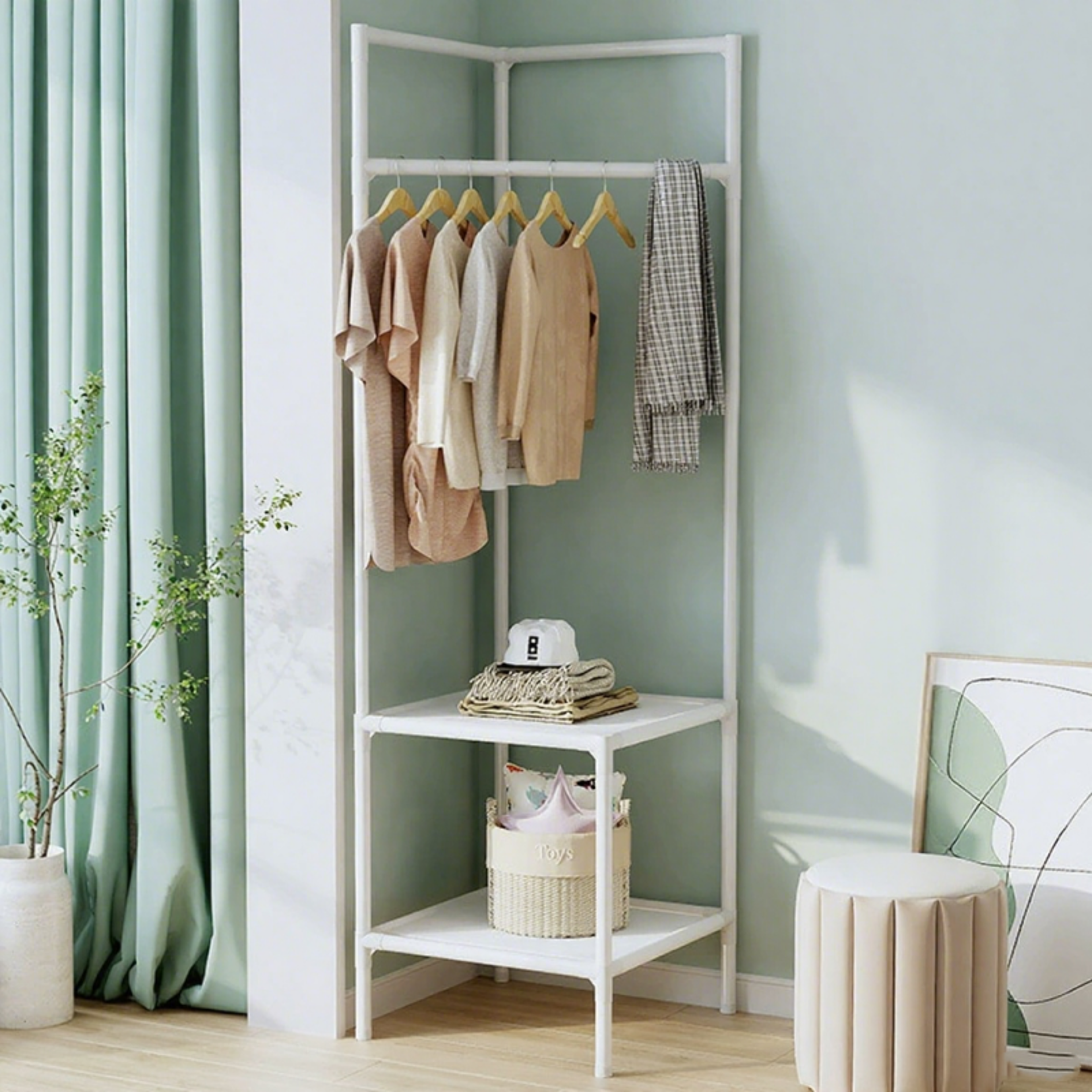 Space Saving Corner Coat Rack With Multi Layer Clothing Storage Shelf 0