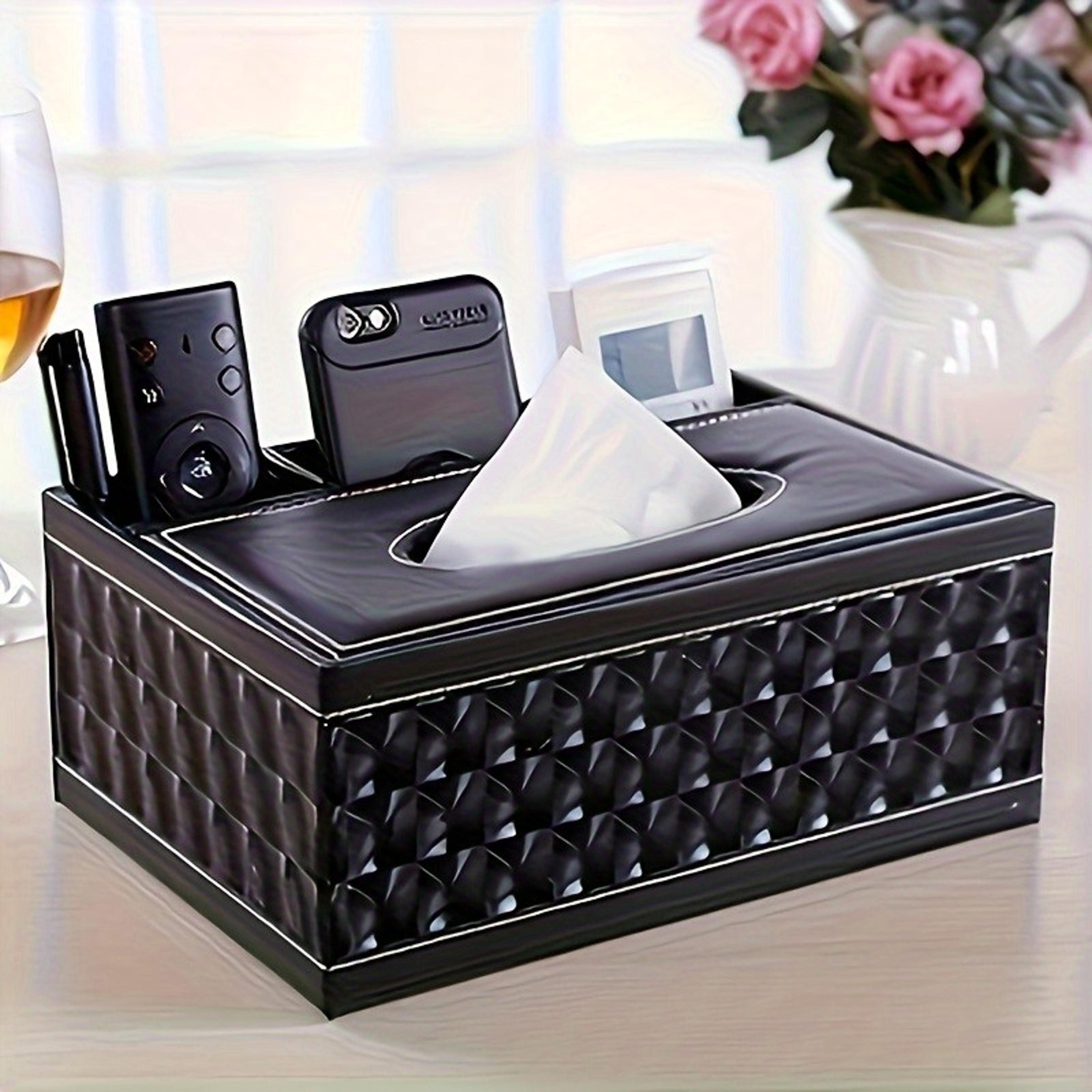 Faux Leather Tissue Box Cover With Integrated Remote Holder And Storage Organizer 0