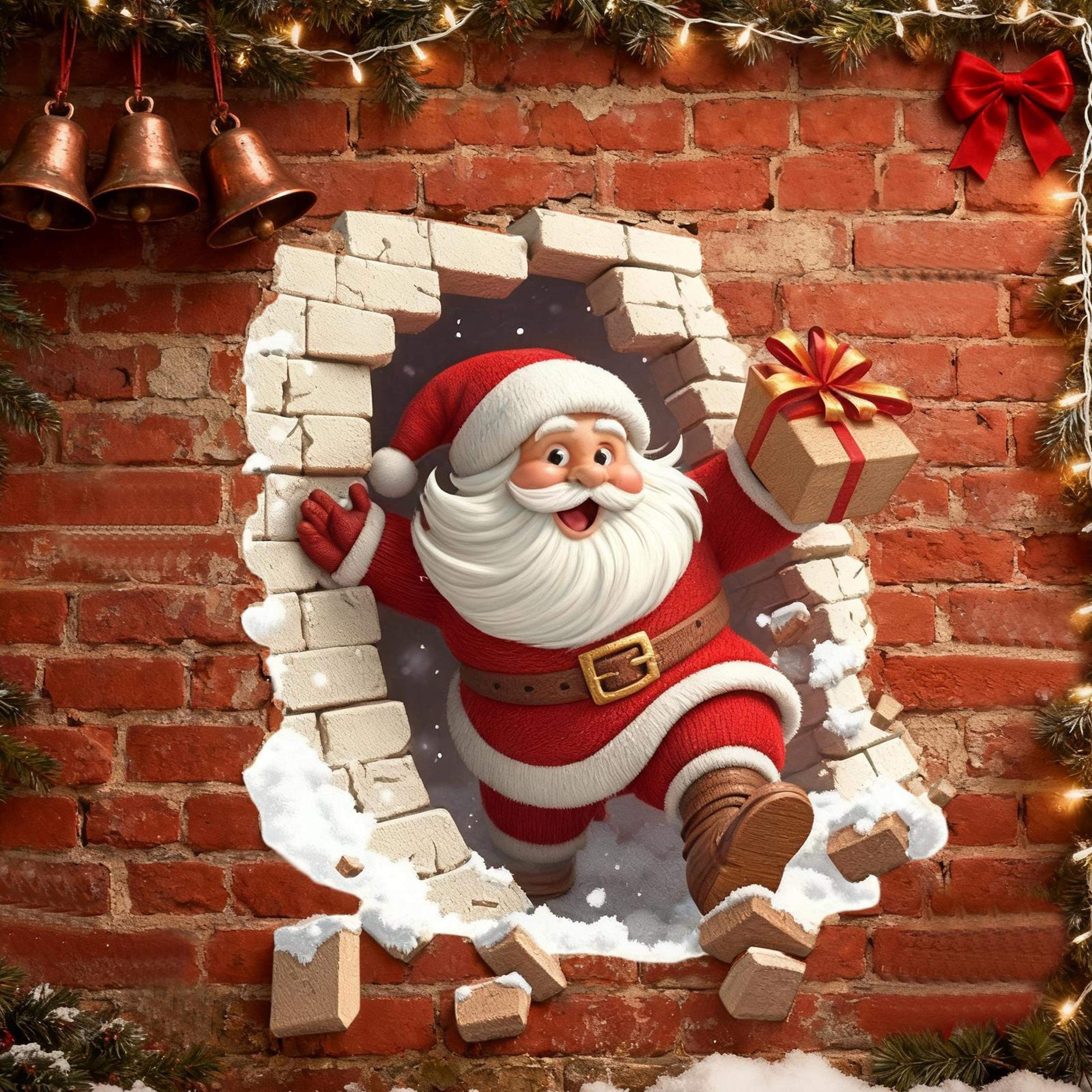 Santa Claus Breaking Brick Wall Decal Festive Christmas Holiday Sticker 4
