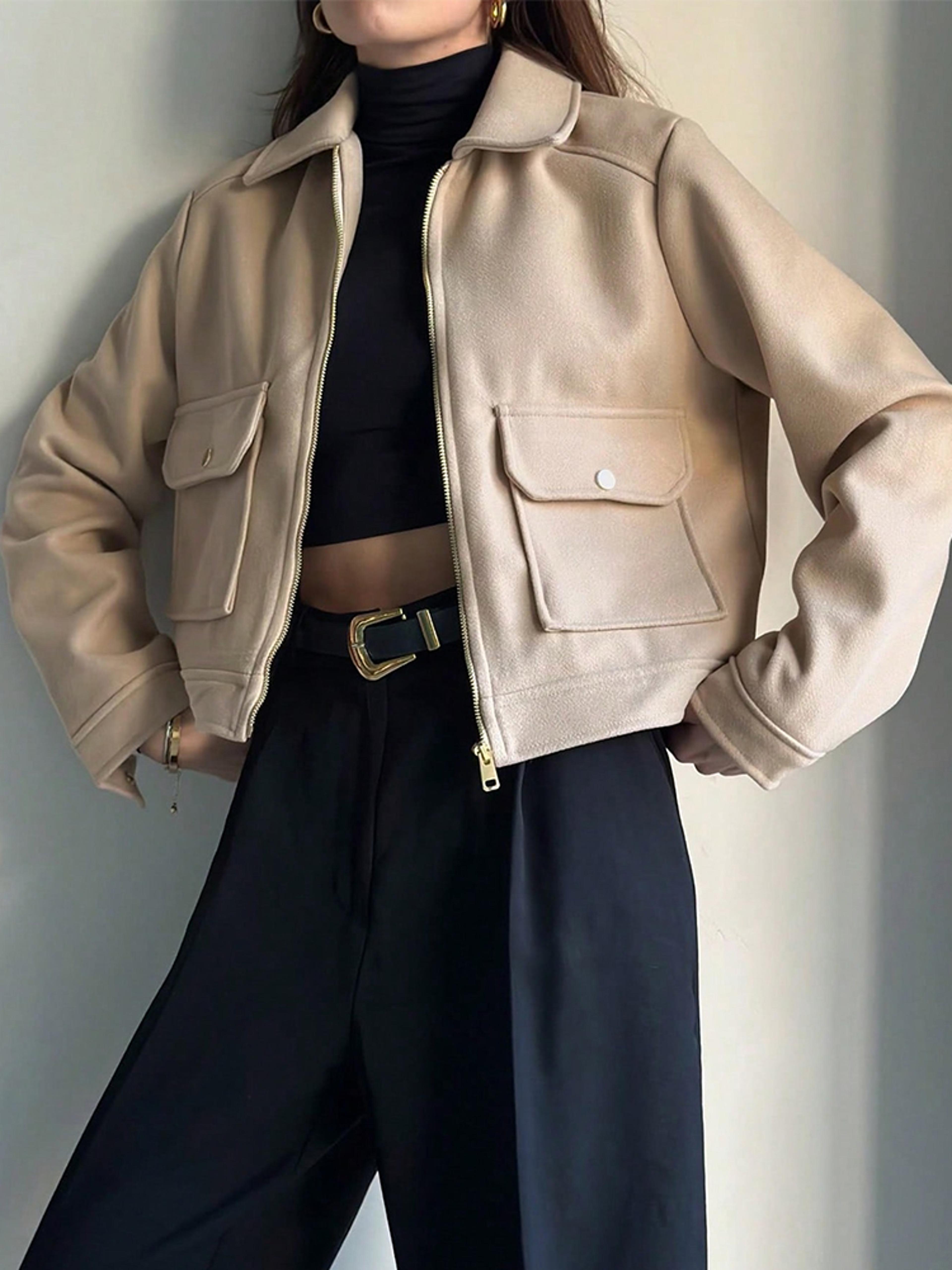 Womens Zipper Jacket With Pockets And TurnDown Collar Casual Long Sleeve Outerwear 5
