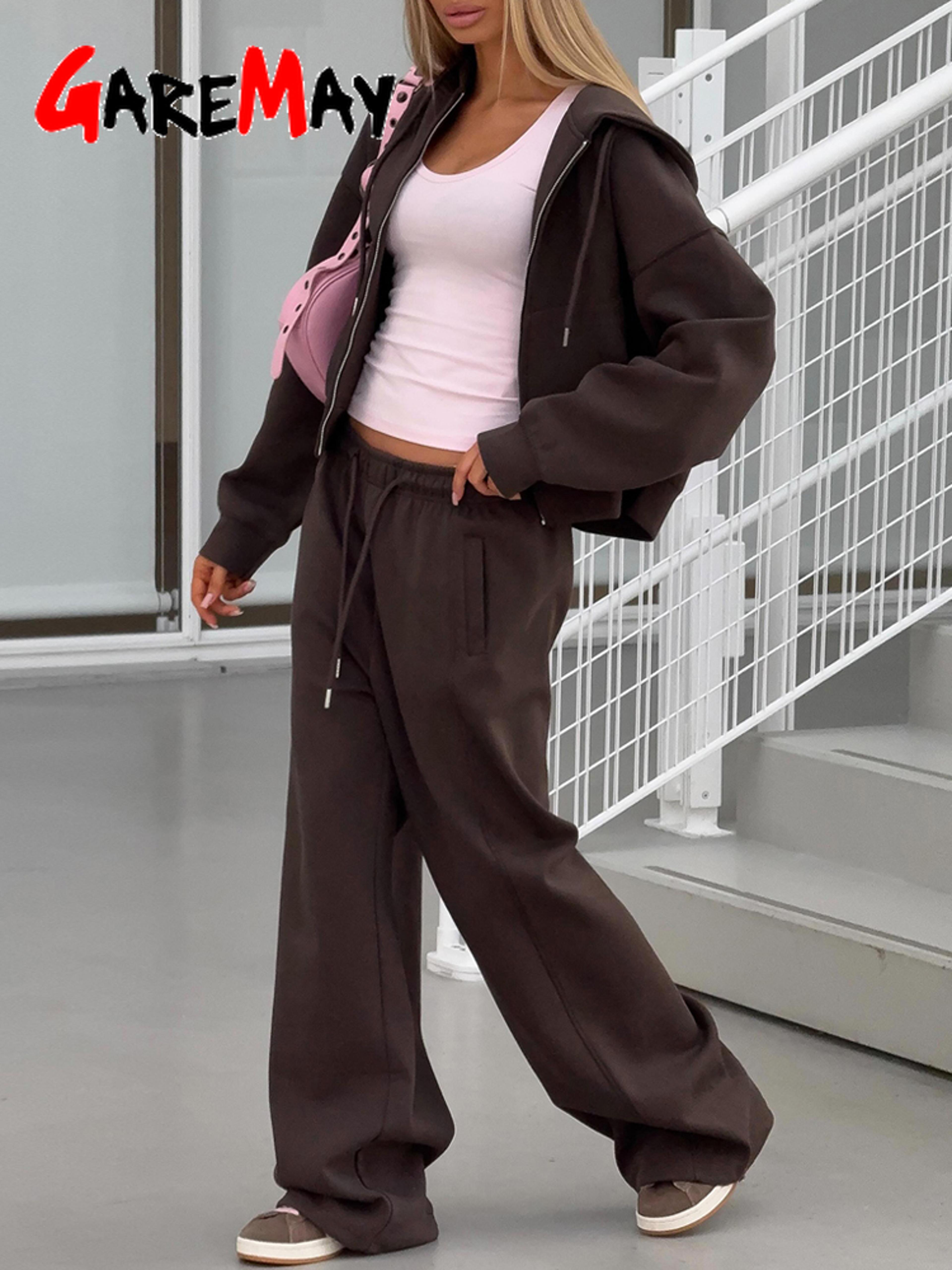 Womens TwoPiece Tracksuit Set With Hooded ZipUp Top And WideLeg Pants 4