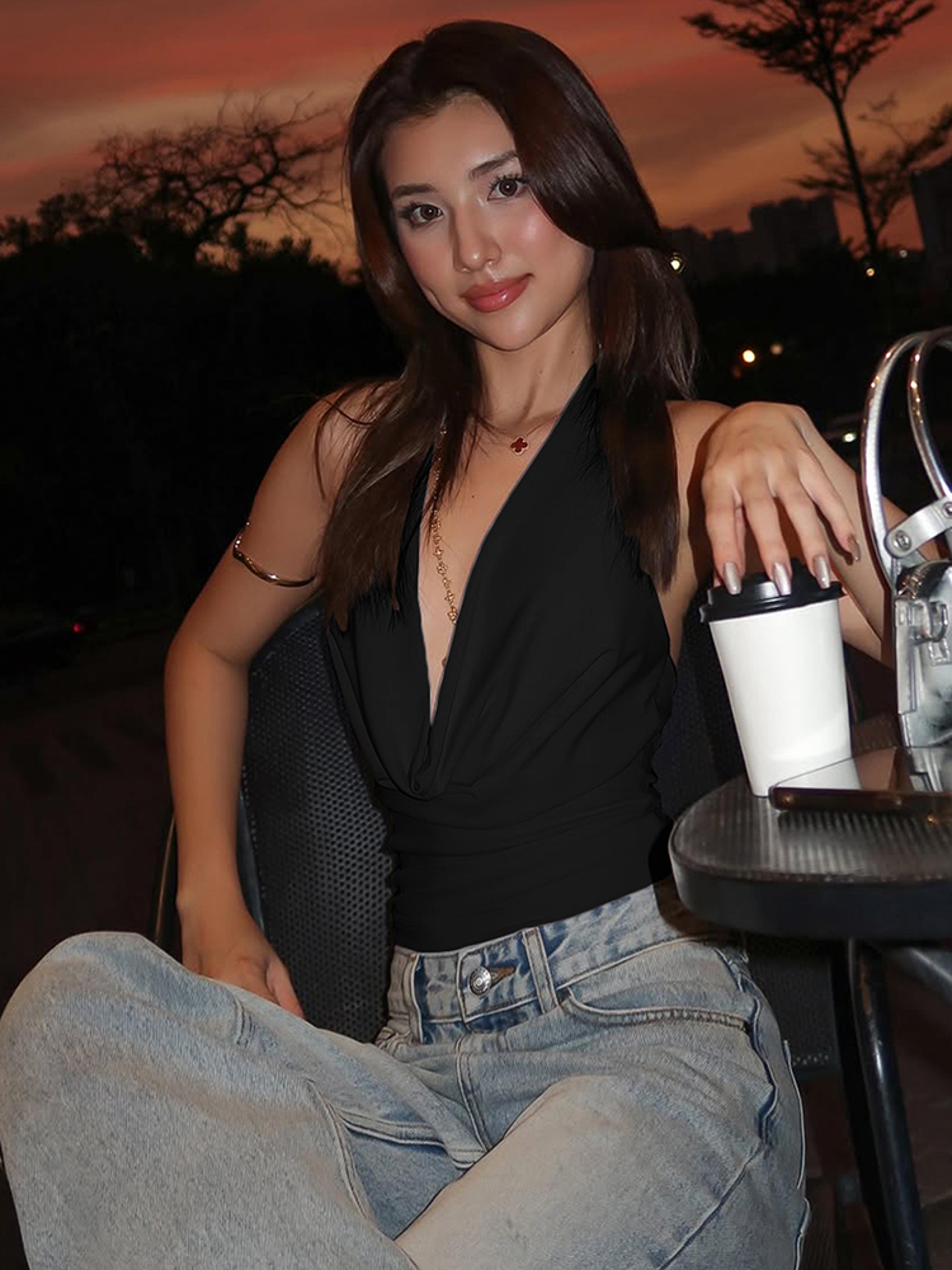 Backless Halter Tank Top For Women Ruched Slim Fit Summer Streetwear 3