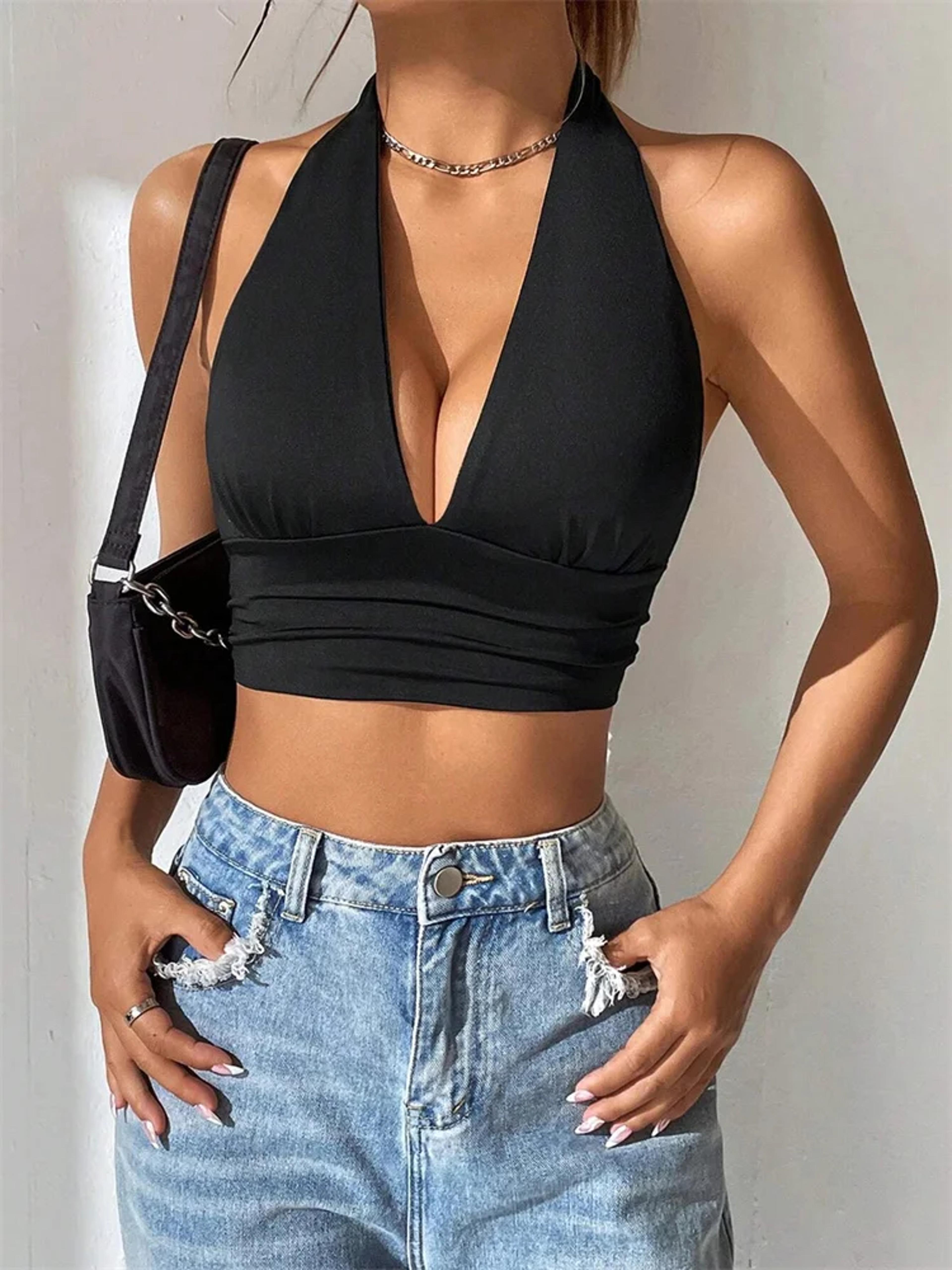 Backless Halter Top For Women Deep V Neck Y2K Crop Top Summer Streetwear 1