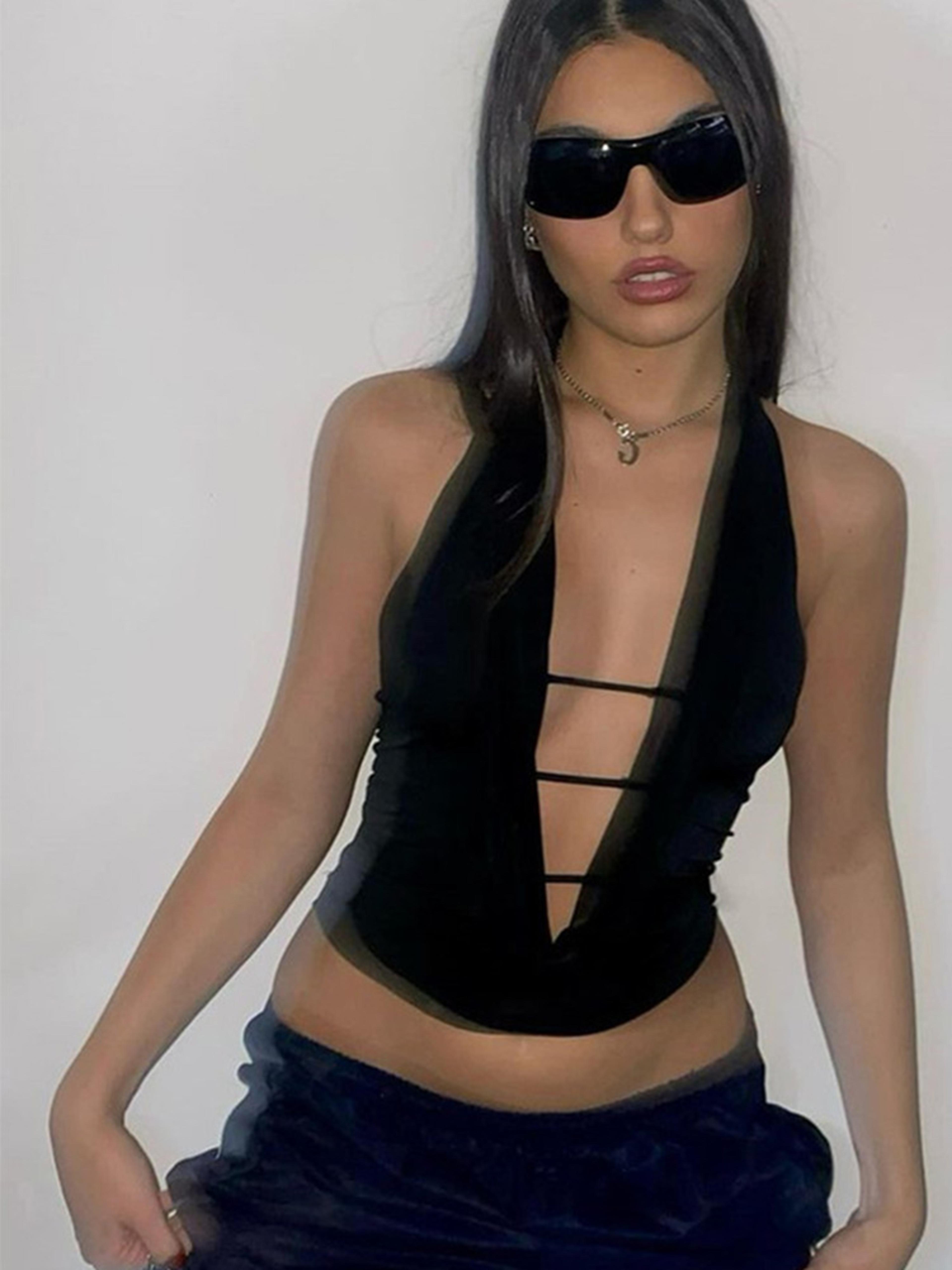 Halter Crop Top Deep V Neck Hollow Out Summer Clubwear For Women 3