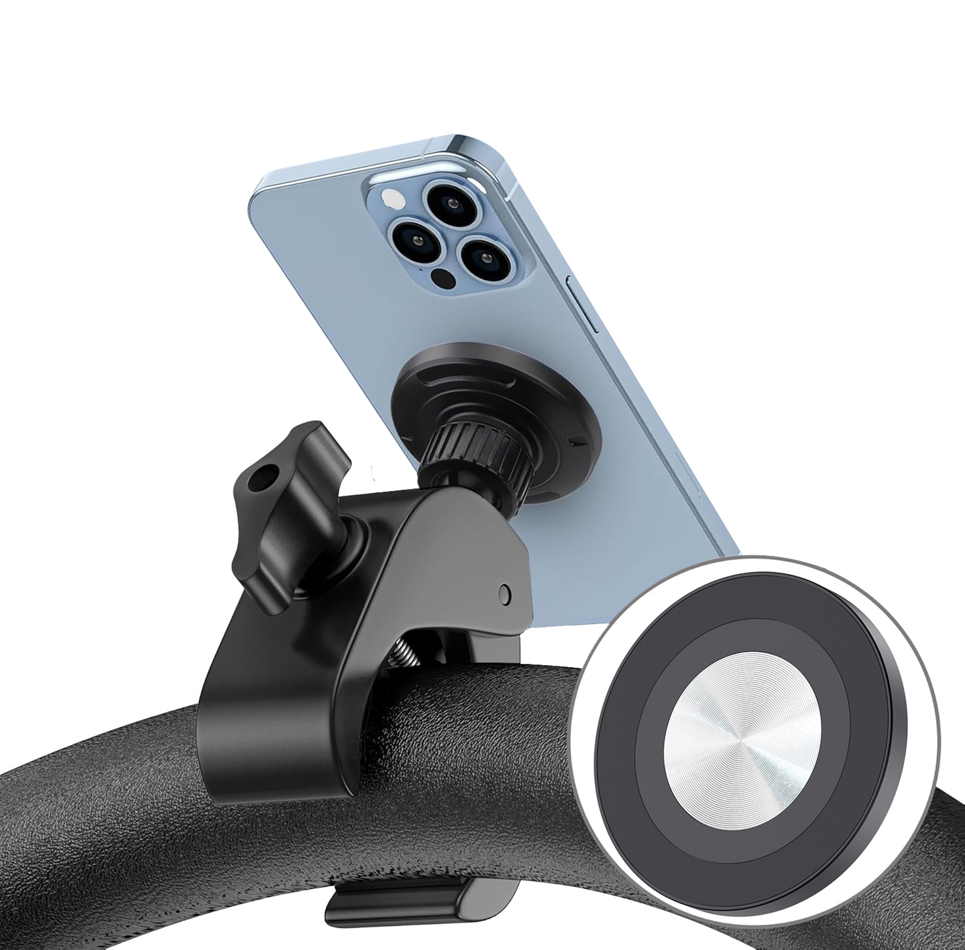magnetic bike phone mount with rotating handlebar clamp