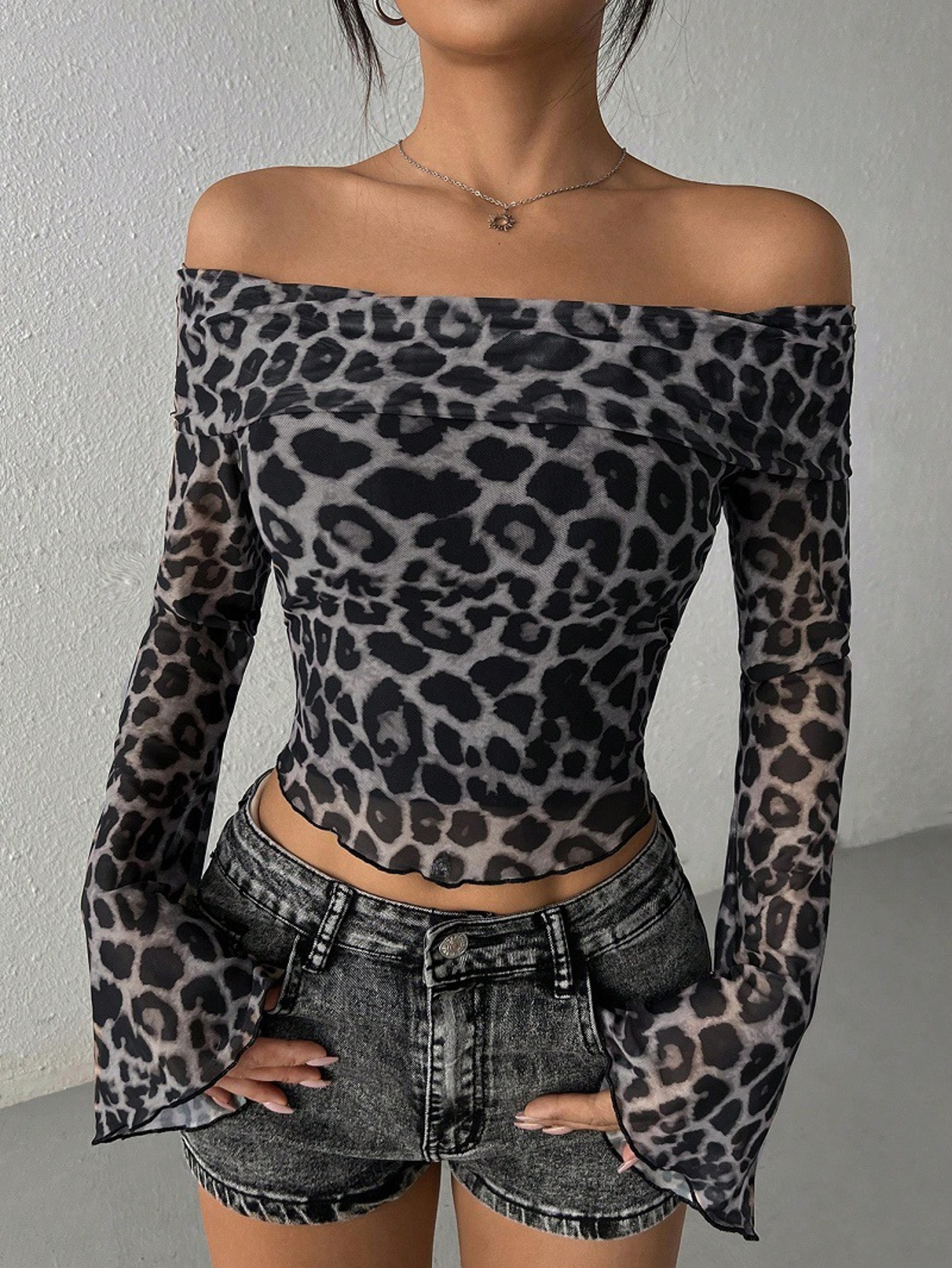 Leopard Off Shoulder Top For Women Long Sleeve Knit Streetwear Shirt 2