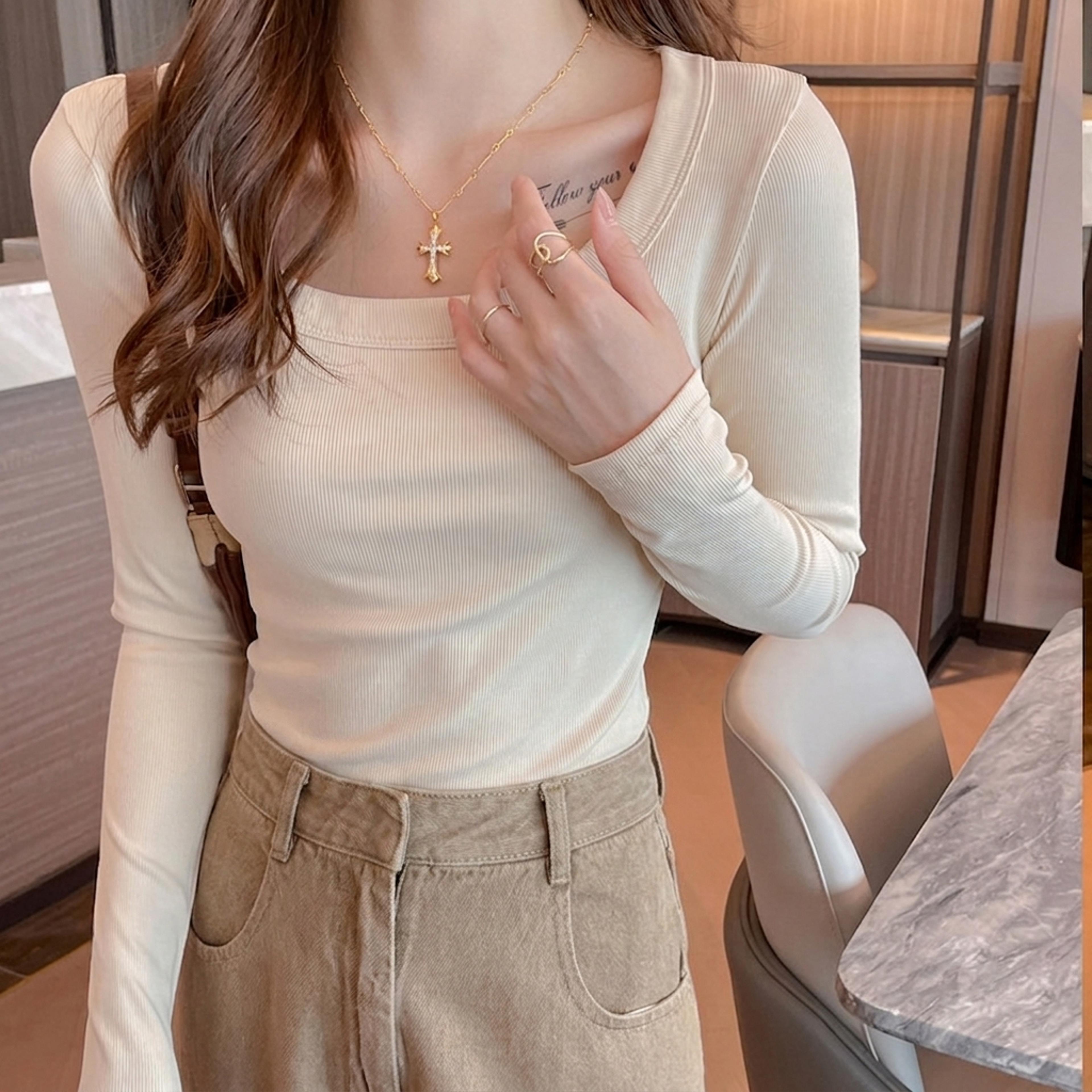 Korean Square Neck Ribbed Knit Top Slim Fit Long Sleeve Crop Top For Women 2