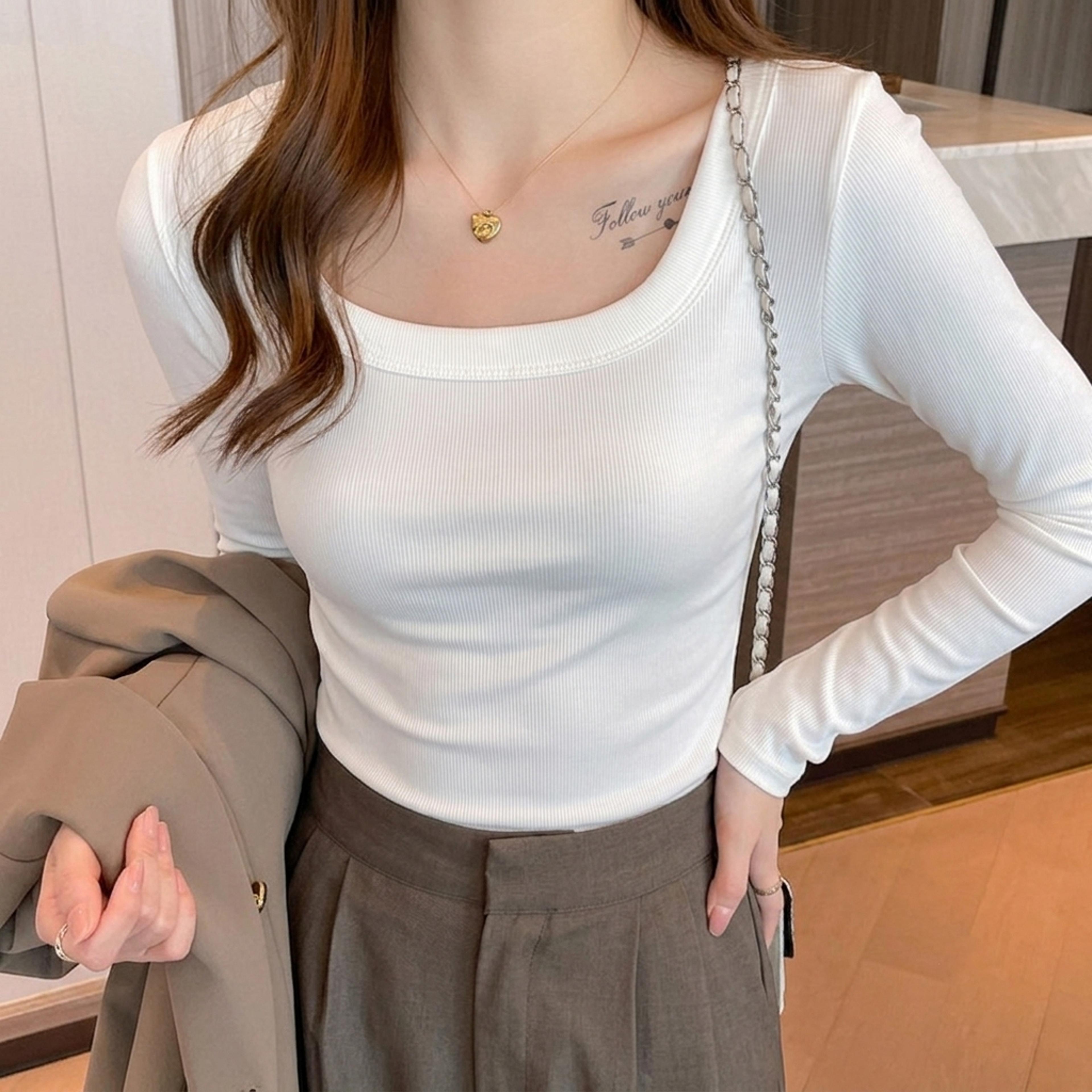 Korean Square Neck Ribbed Knit Top Slim Fit Long Sleeve Crop Top For Women 5