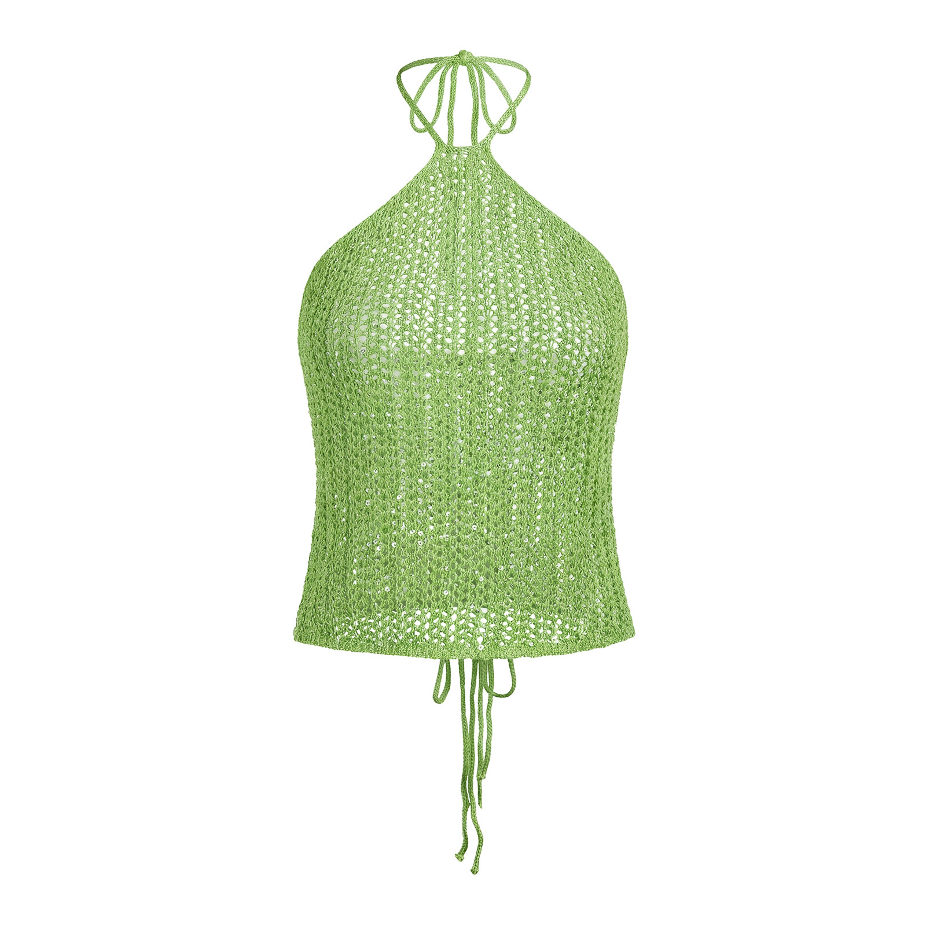 Womens Crochet Crop Top Halter Knit Backless Beach Tank With Sequin Detail 3