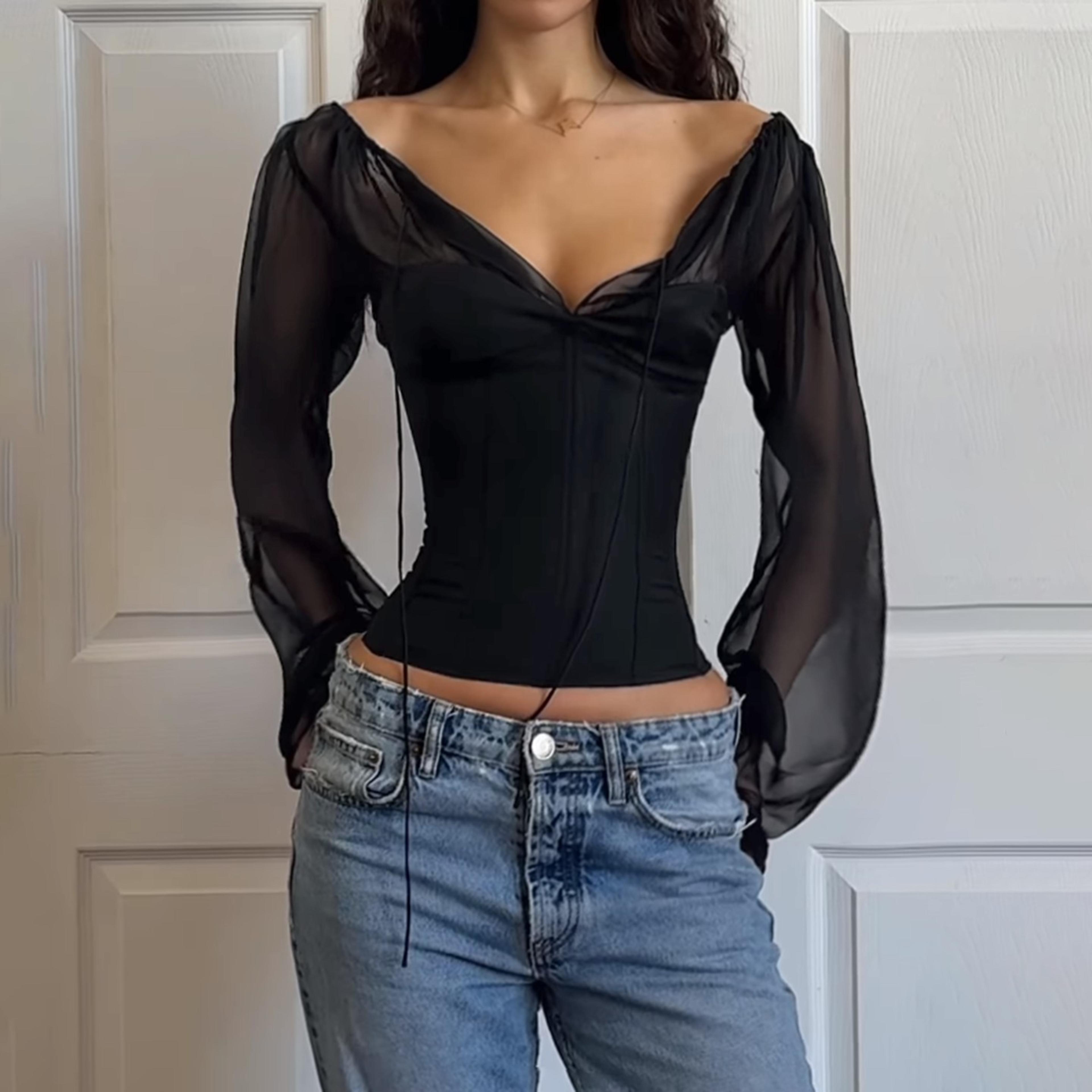 Elegant Mesh Long Sleeve Top For Women V Neck Sheer Patchwork Slim Fit Blouse 3